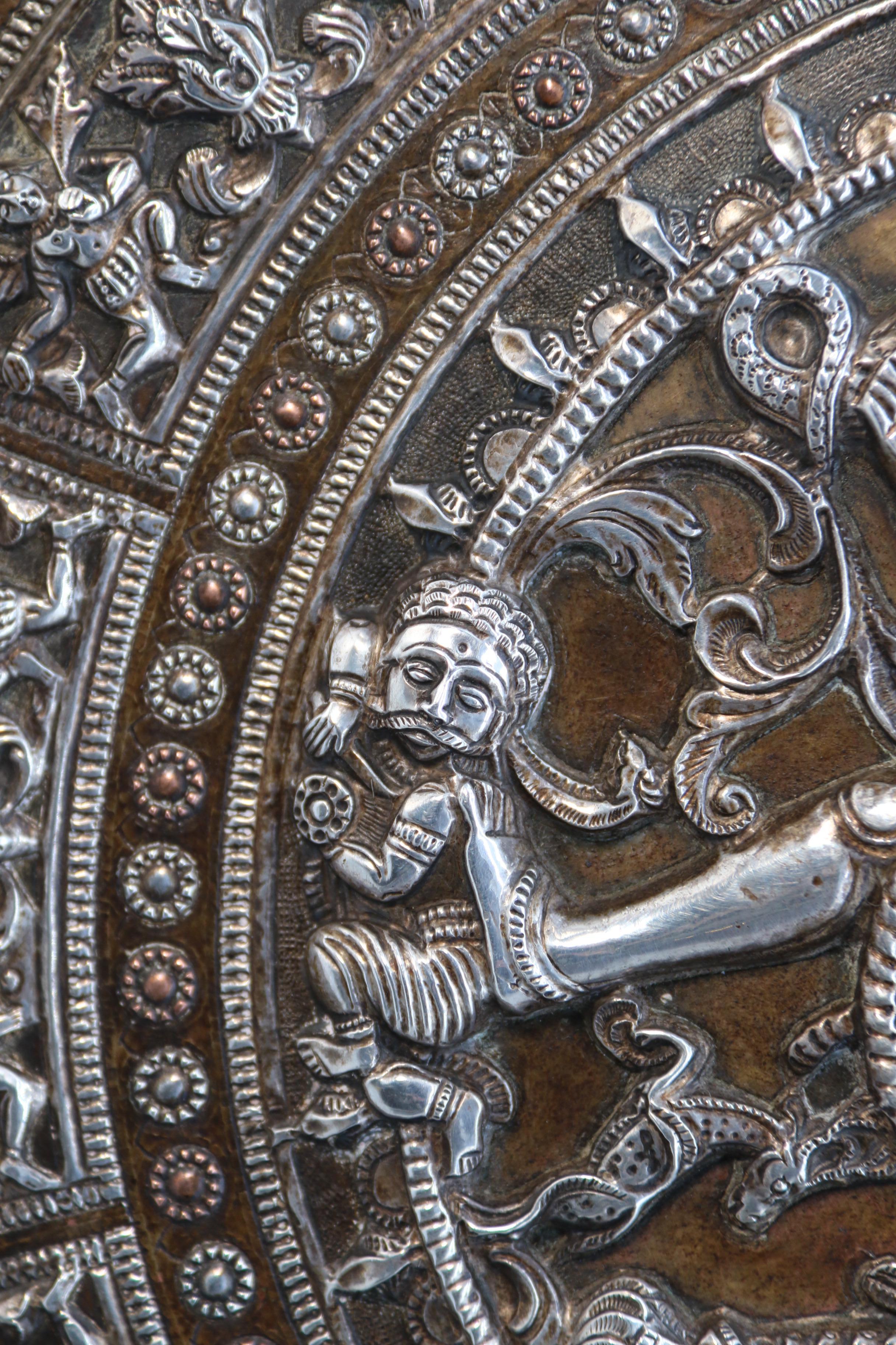 A Raj period silver, copper and brass repousse work charger, Indian circa 1900 For Sale 4