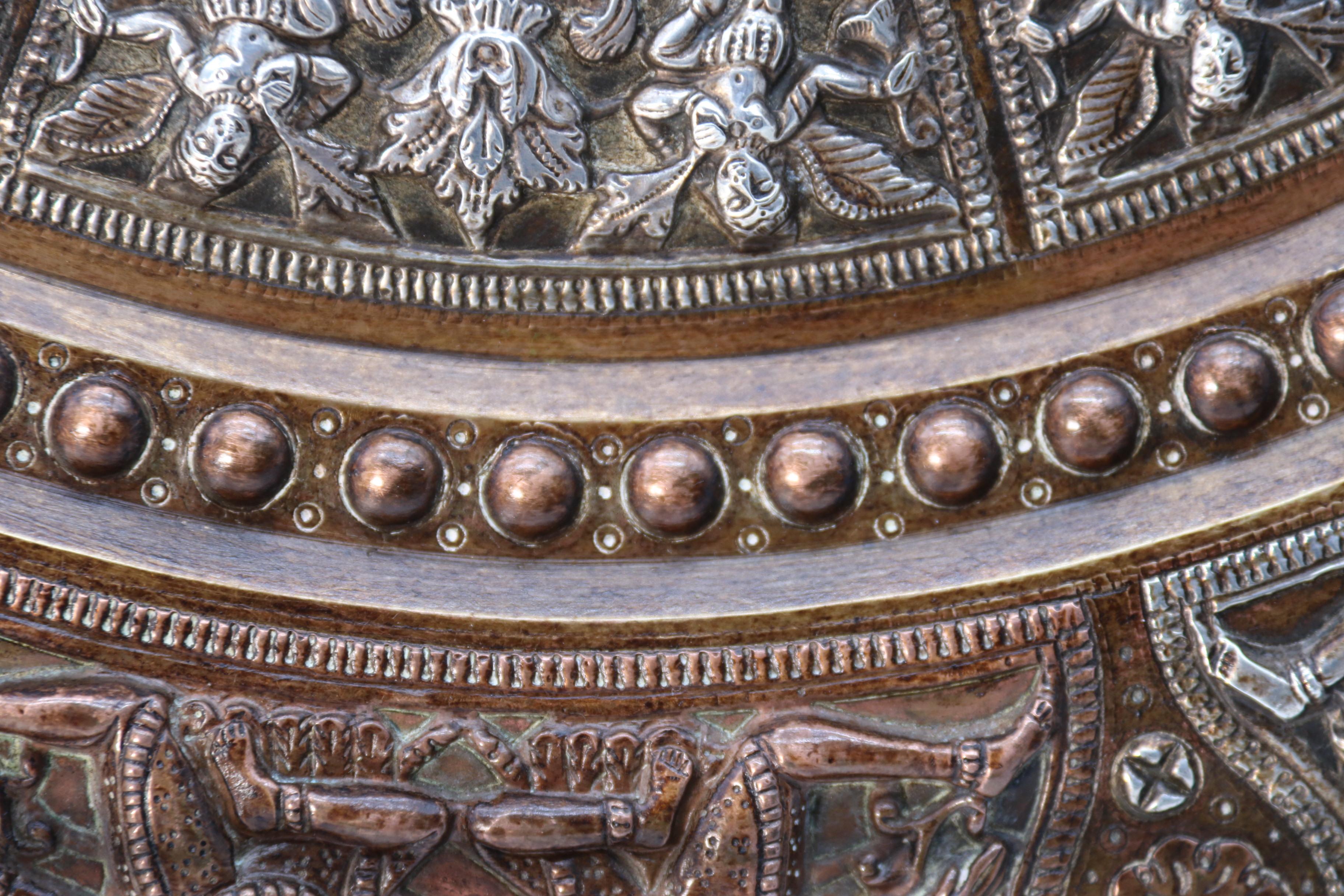 A Raj period silver, copper and brass repousse work charger, Indian circa 1900 For Sale 8