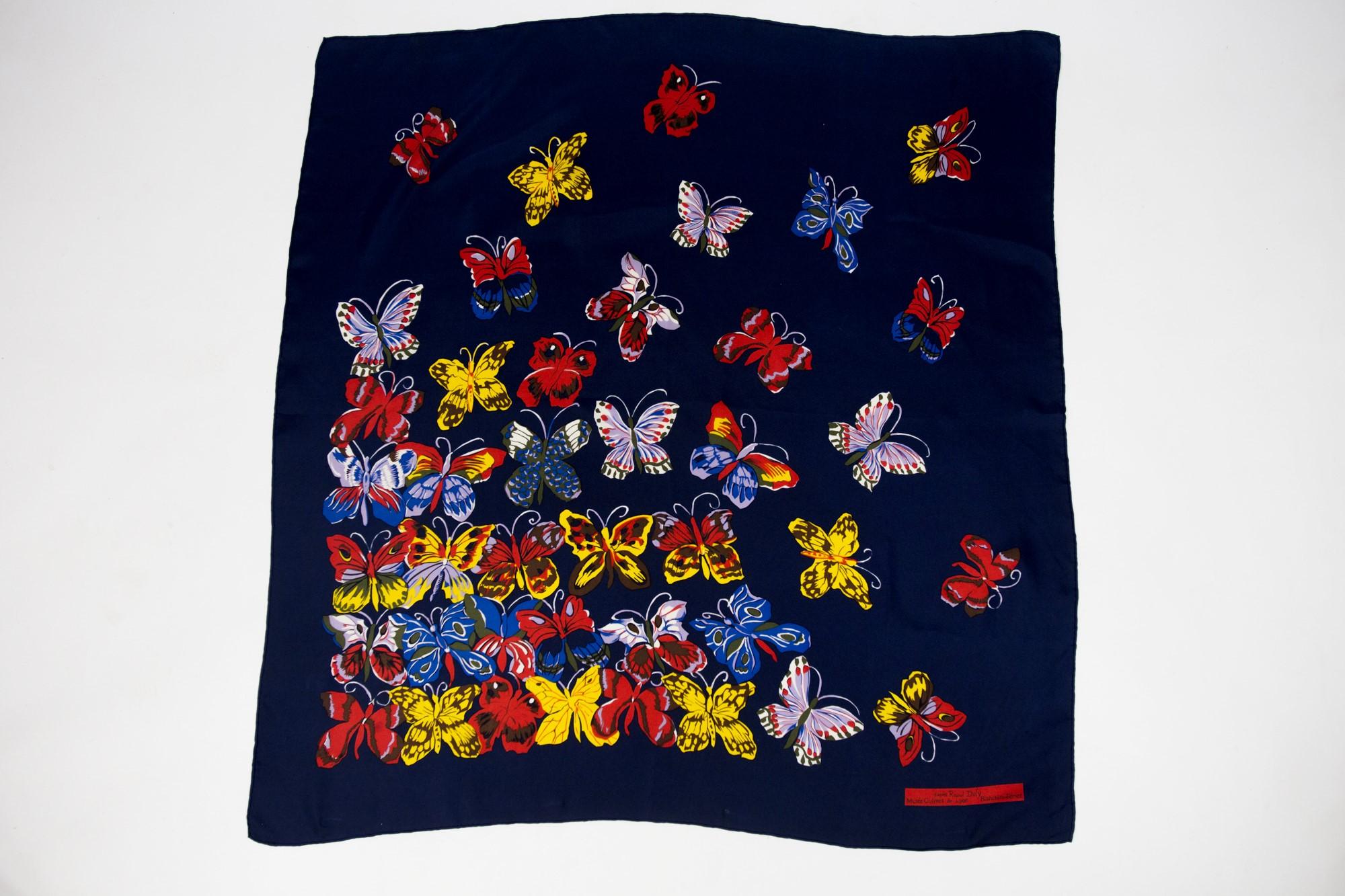 Circa 1990/2000

France

Beautiful reissue of a silk square after a drawing by Raoul Dufy, Maison Bianchini-Férier made for the former Musée Guimet in Lyon which closed his doors in 2008. Silk twill square with marine background finely rolled by