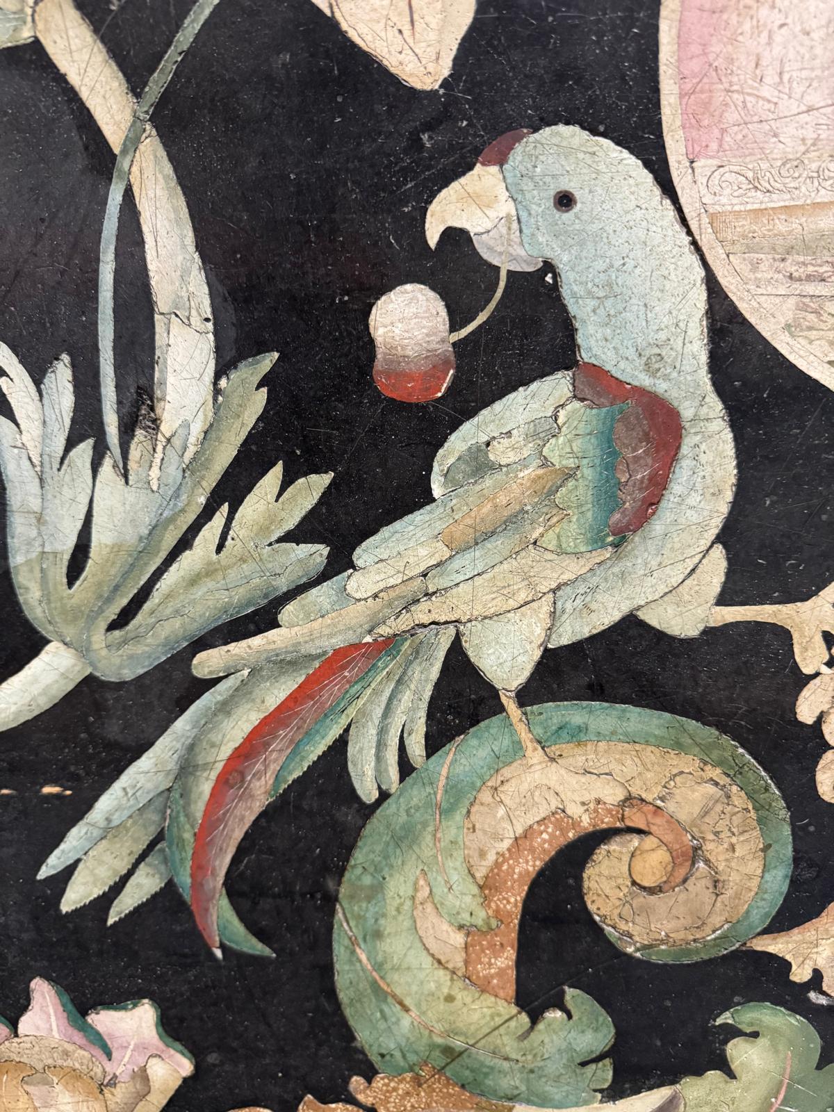 A Rare 17/18 C. North Italian Scagliola Panel with Parrots, Peacocks, & Flowers For Sale 4