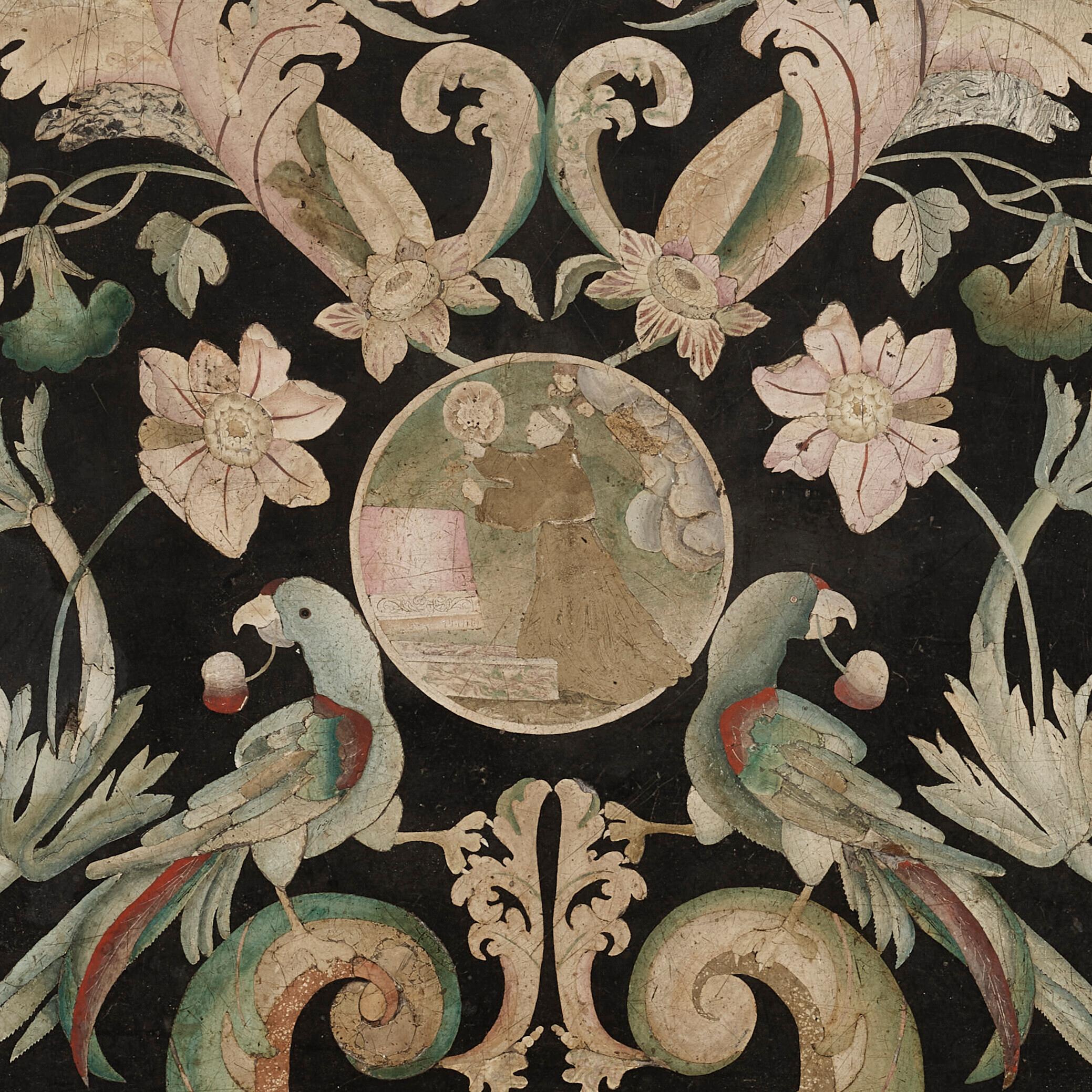 Hand-Crafted A Rare 17/18 C. North Italian Scagliola Panel with Parrots, Peacocks, & Flowers For Sale