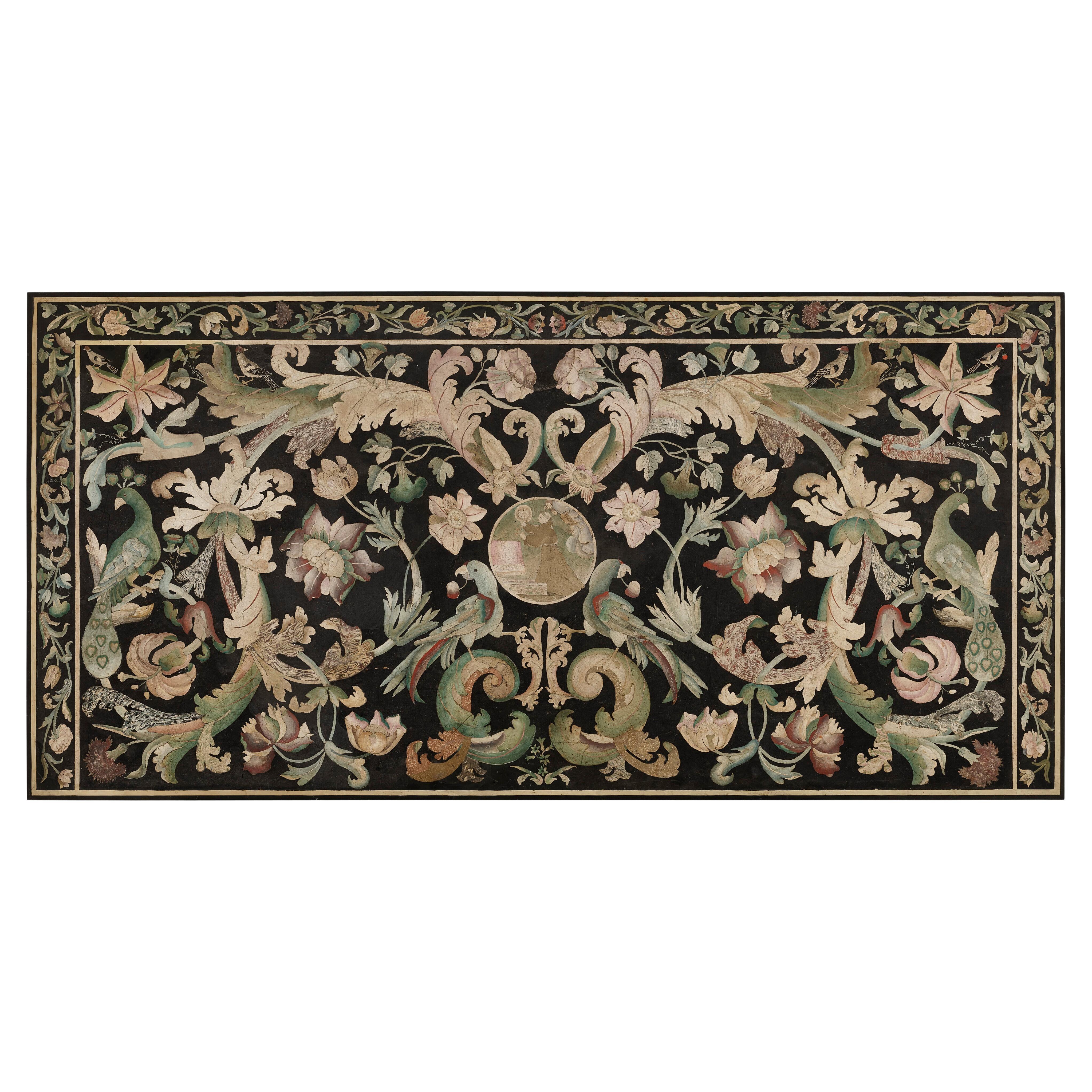 A Rare 17/18 C. North Italian Scagliola Panel with Parrots, Peacocks, & Flowers For Sale