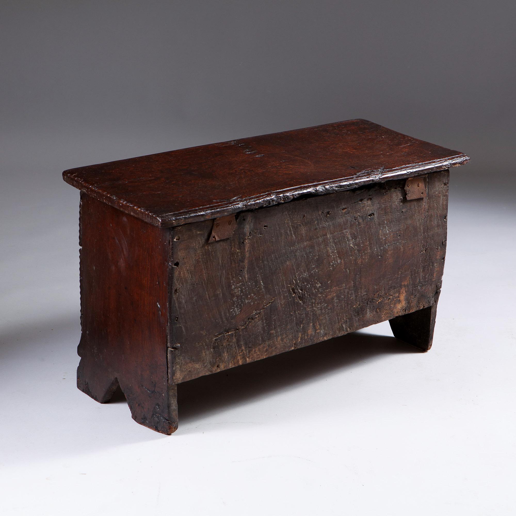 18th Century and Earlier A Rare 17th Century Charles II Carved Oak Childs Coffer of Diminutive Proportion For Sale