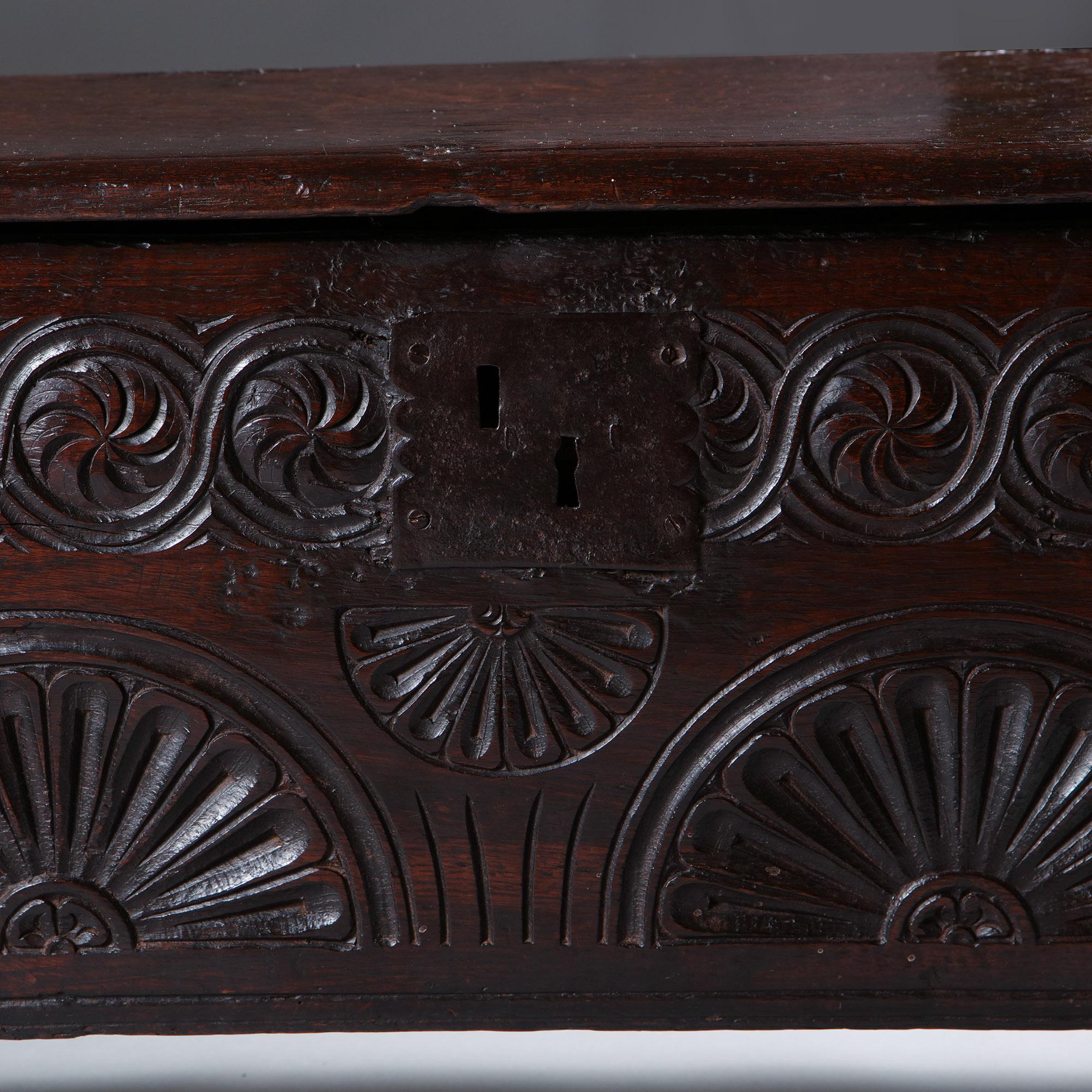 A Rare 17th Century Charles II Carved Oak Childs Coffer of Diminutive Proportion For Sale 1