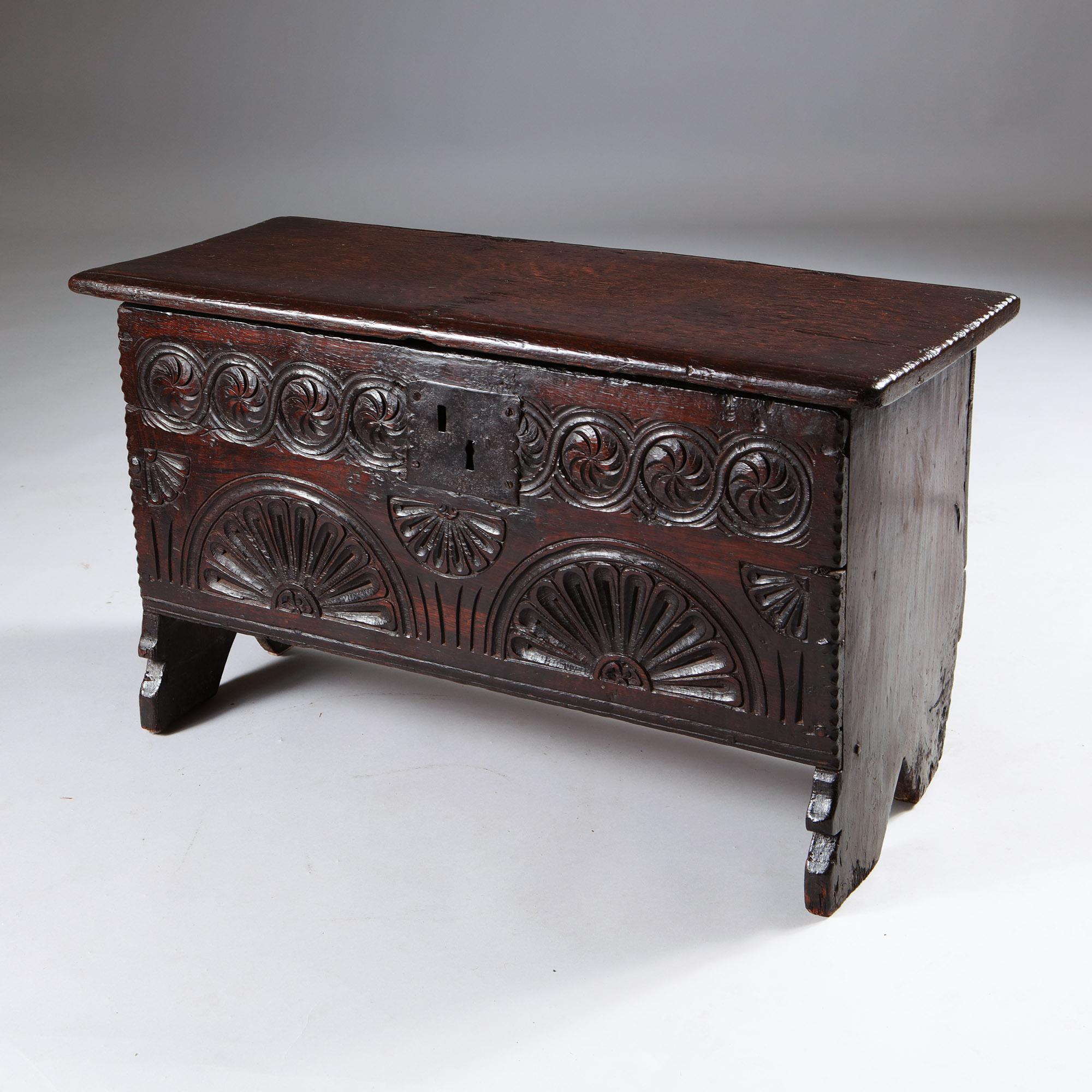 A Rare 17th Century Charles II Carved Oak Childs Coffer of Diminutive Proportion For Sale 2