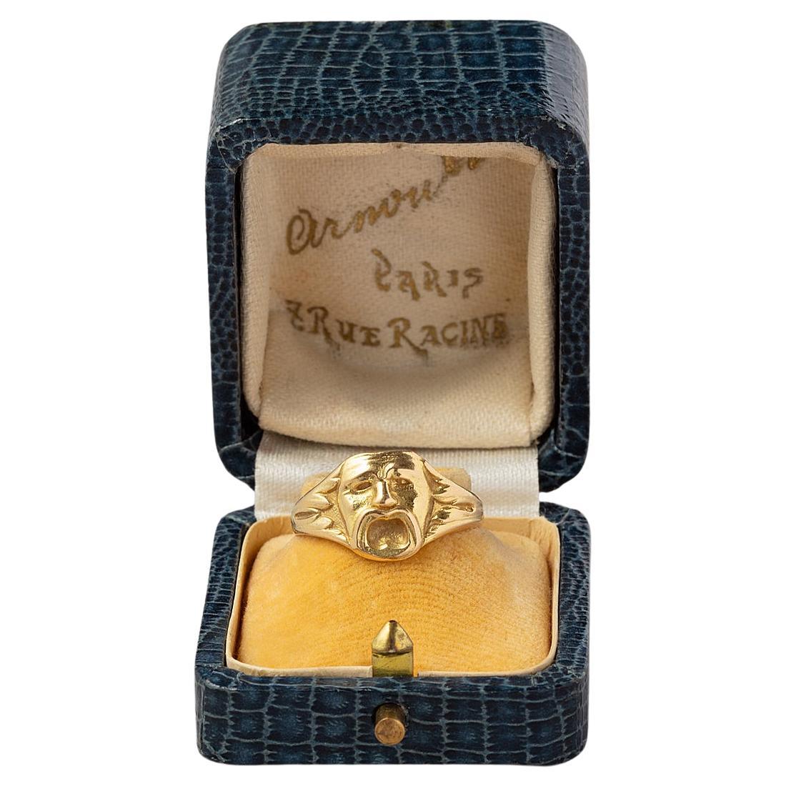A Rare 18 Carat Gold Art Nouveau Theater Mask Ring  For Sale
