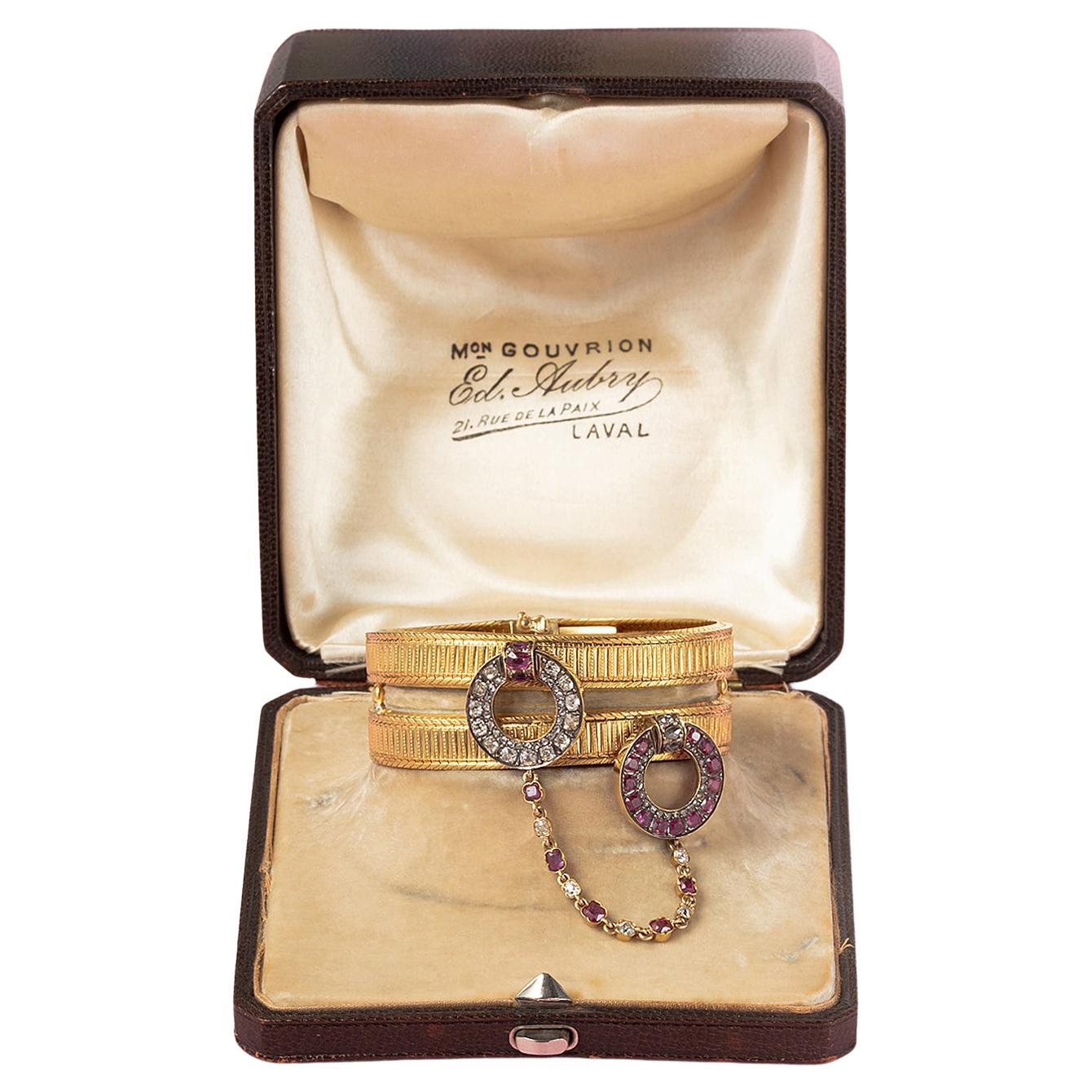 A Rare 18 Carat Gold French Double Bracelet with Rubies and Diamonds
