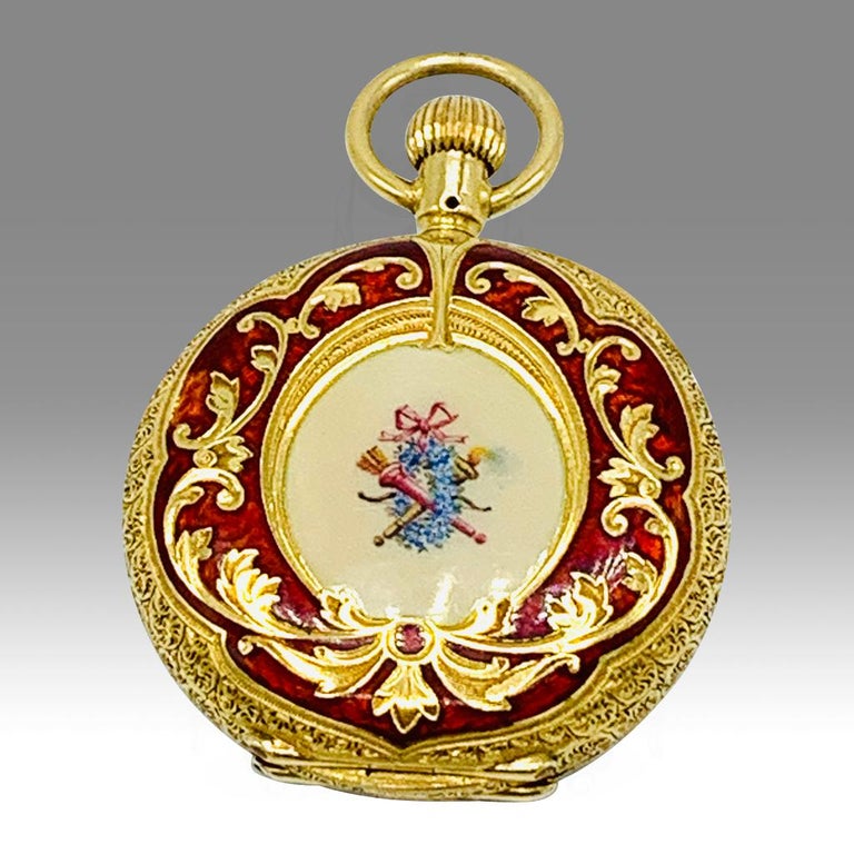 Rare 18ct Gold Enamel Diamond-Set Pocket Watch Signed Waltham Mass, 1877 For Sale 5