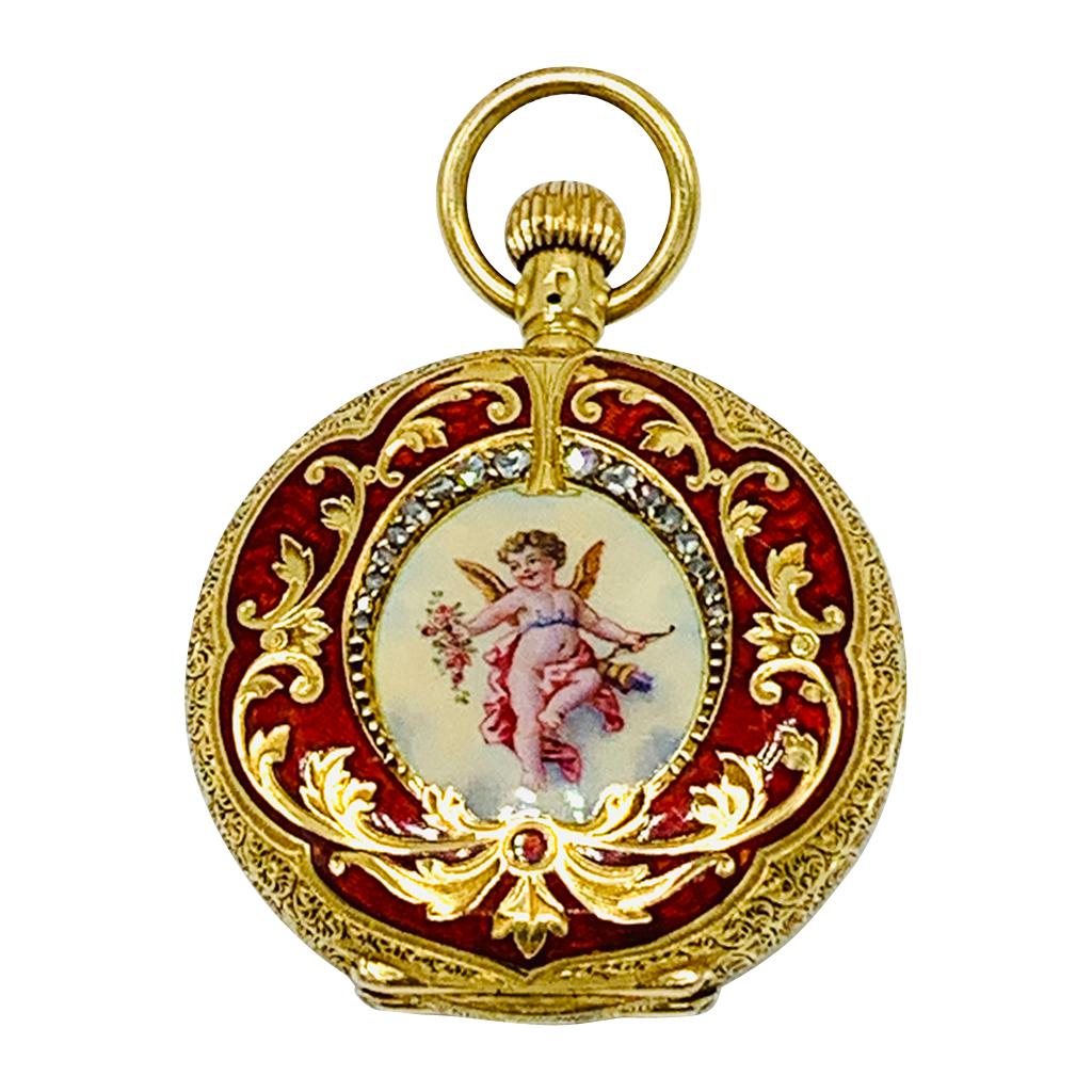 Seltene 18 Karat Gold Emaille „Special“ Diamant-Taschenuhr mit Jägermotiv Waltham, 1898 im Angebot 6