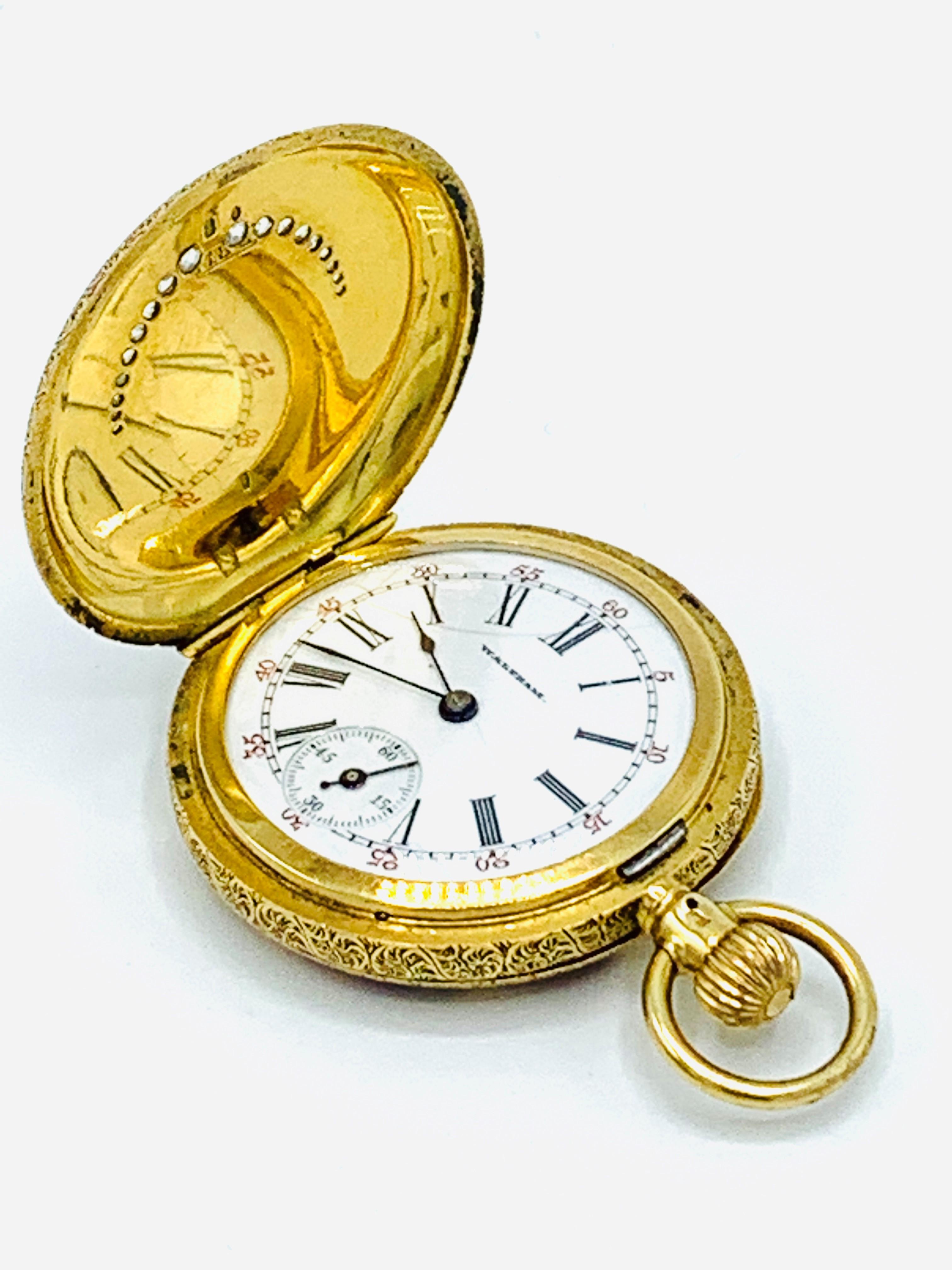Montre de poche de chasse rare Waltham en or 18 carats et émail avec diamant de qualité « spéciale », 1898 en vente 8