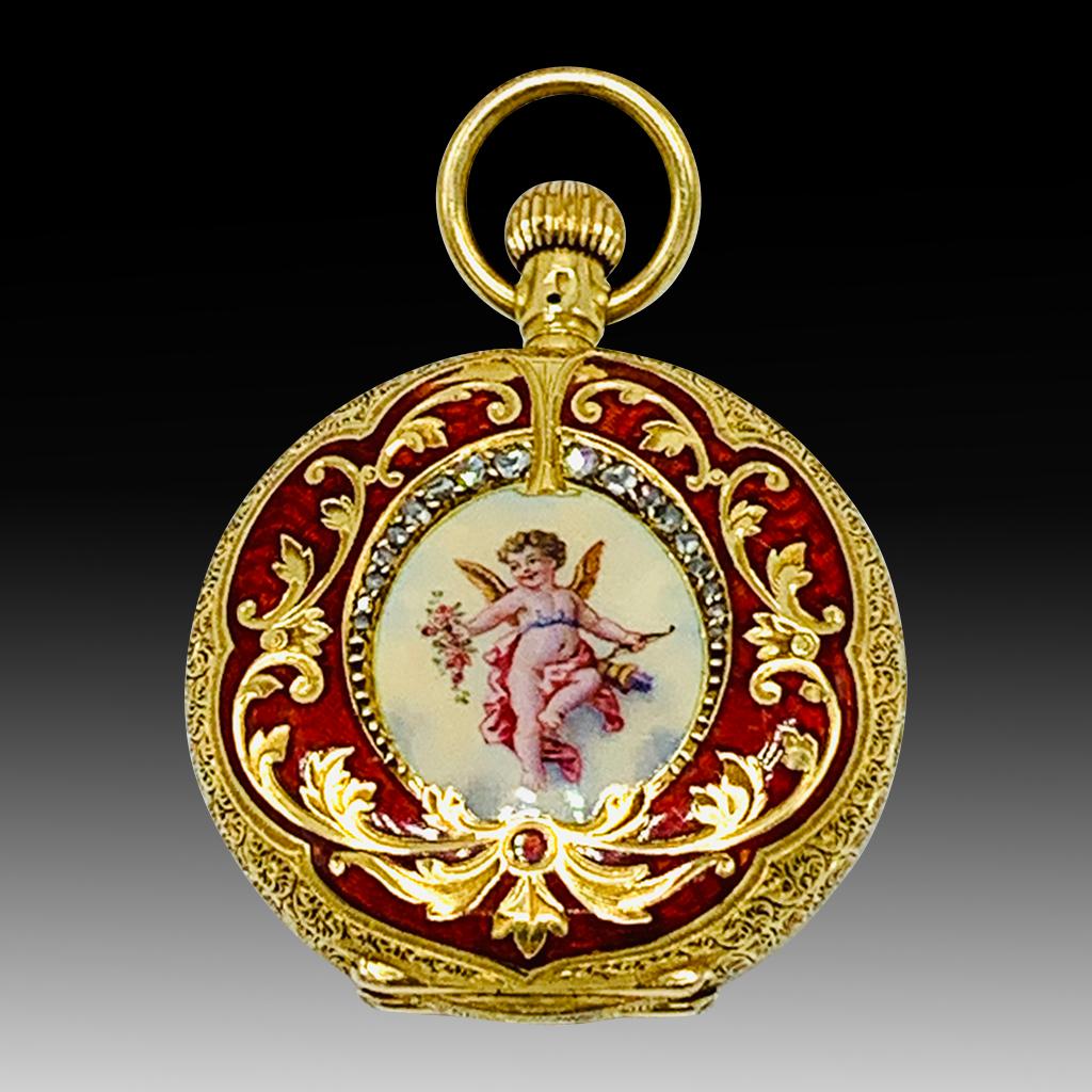 A Rare 18CT Gold Enamel Special Grade Diamond-Set Antique Hunter Pocket Watch Signed Waltham Mass Circa. 1898 - only 8 of this model type are known to exist. 

A truly exquisite beautiful antique pocket watch and a rare find! This Waltham pocket