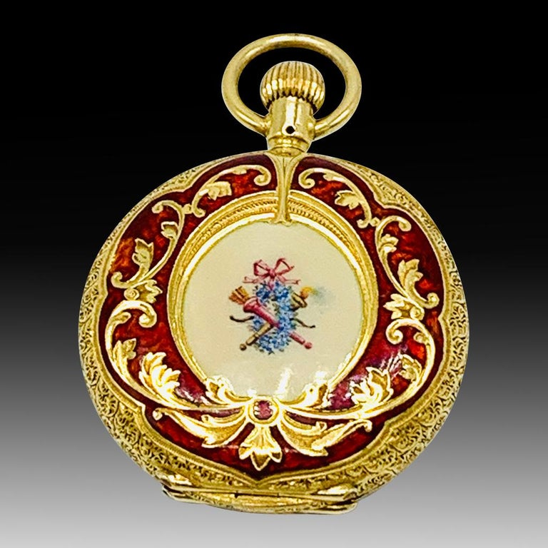 Rare 18ct Gold Enamel Diamond-Set Pocket Watch Signed Waltham Mass, 1877 In Good Condition For Sale In London, GB