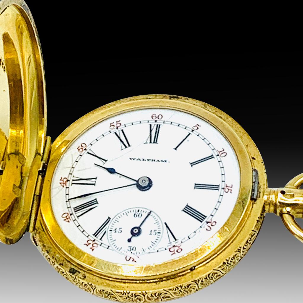 Montre de poche de chasse rare Waltham en or 18 carats et émail avec diamant de qualité « spéciale », 1898 Unisexe en vente