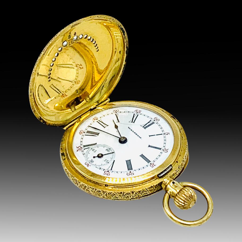 Seltene 18 Karat Gold Emaille „Special“ Diamant-Taschenuhr mit Jägermotiv Waltham, 1898 für Damen oder Herren im Angebot