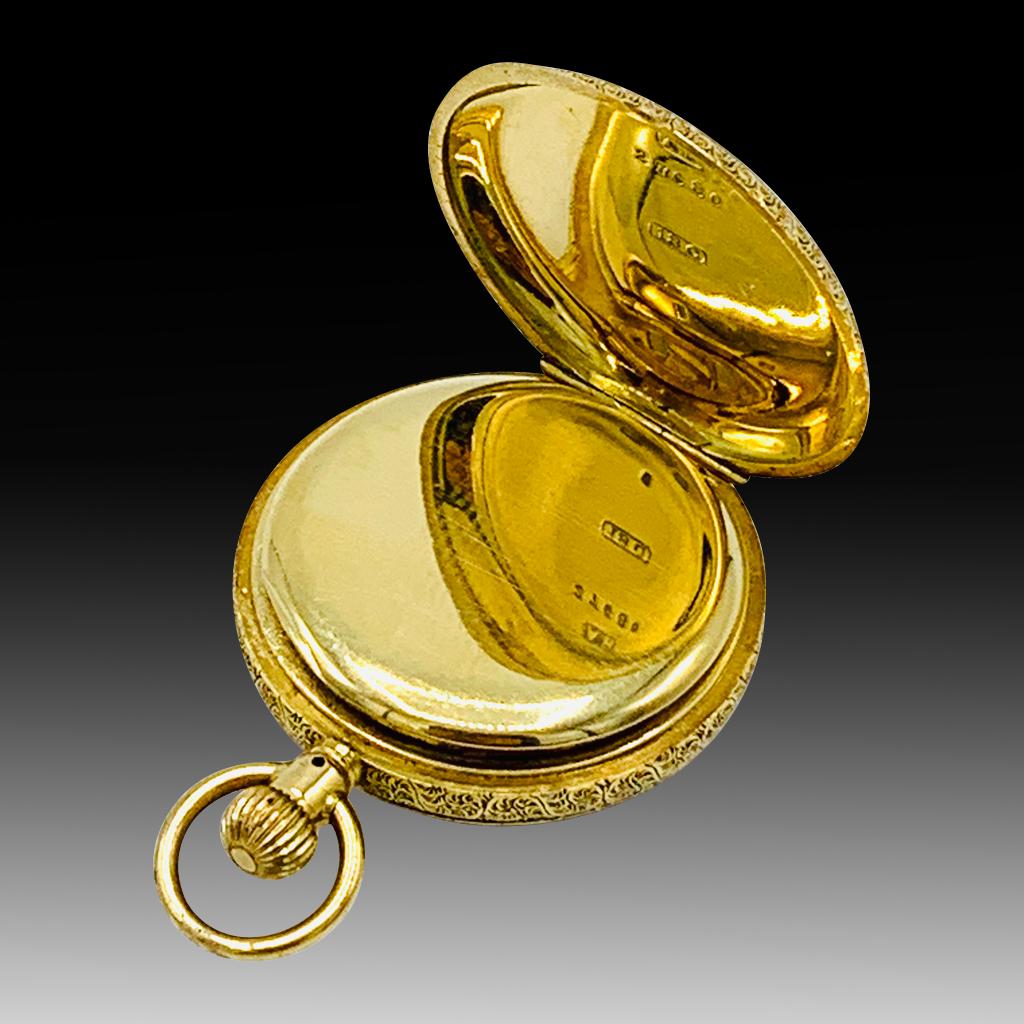 Montre de poche de chasse rare Waltham en or 18 carats et émail avec diamant de qualité « spéciale », 1898 en vente 2