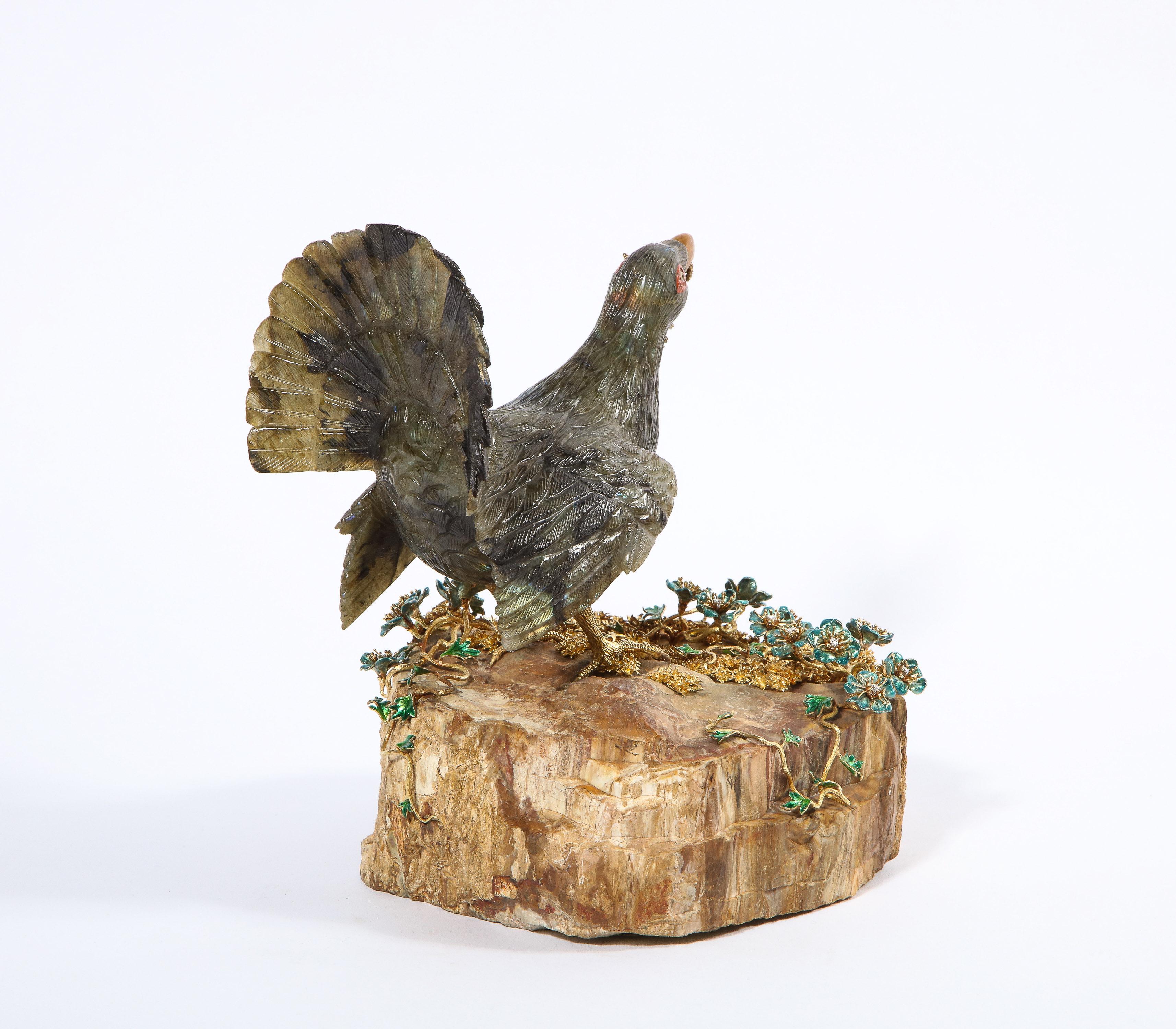 Rare 18K Gold, Enamel and Diamond Mounted Carved Labradorite Turkey Bird For Sale 7