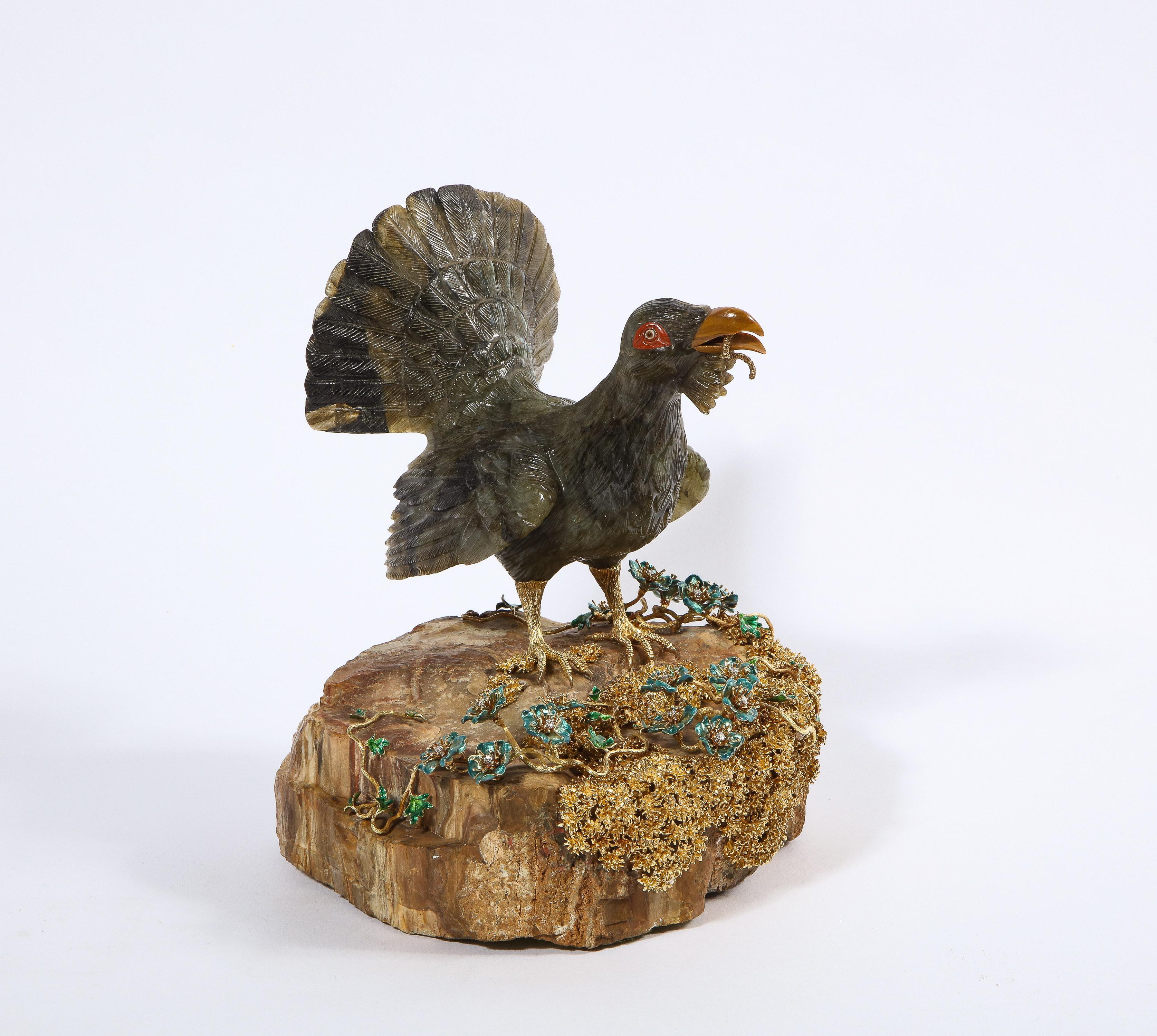 Rare 18K Gold, Enamel and Diamond Mounted Carved Labradorite Turkey Bird For Sale 13