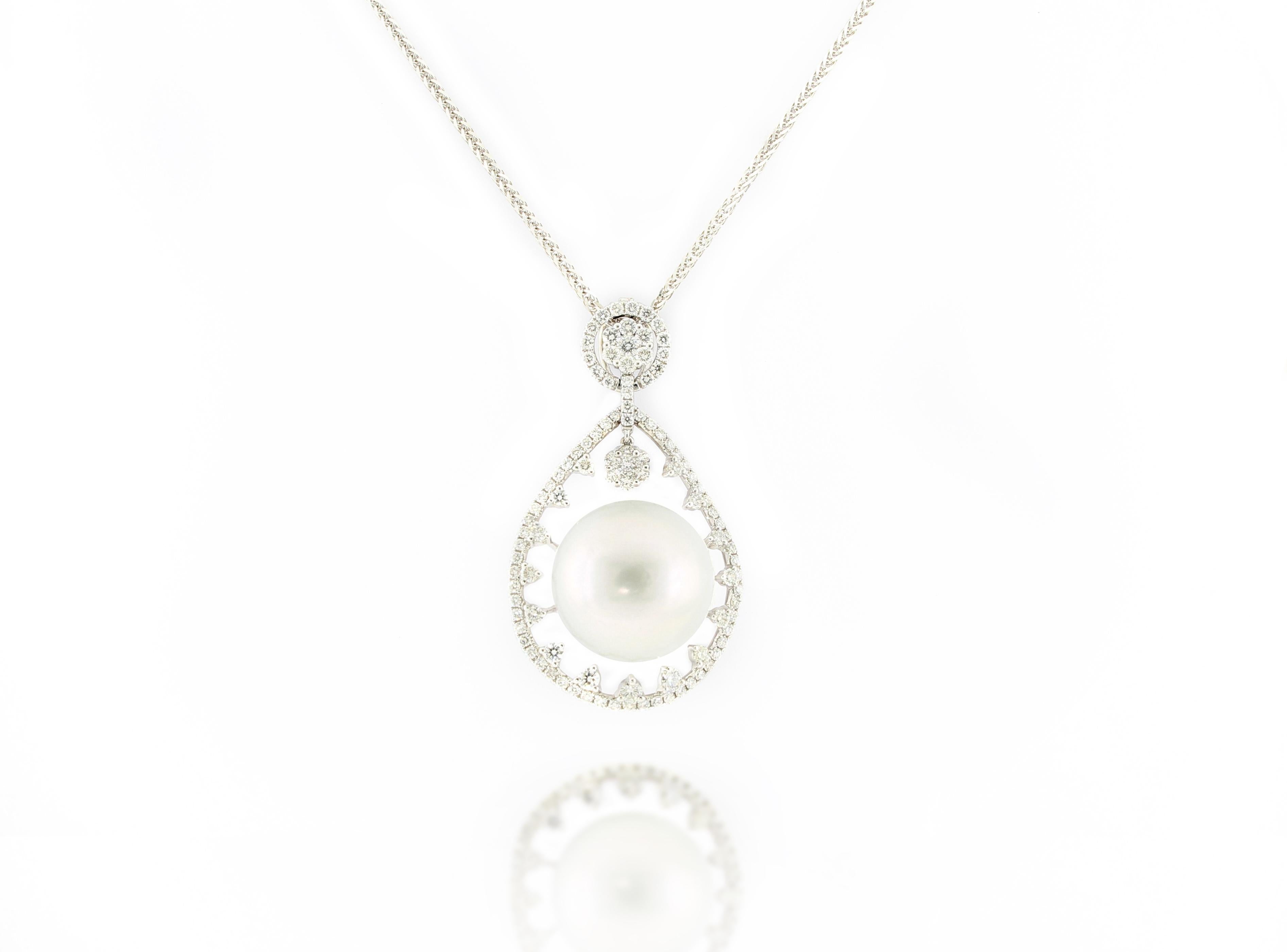 A very rare 18mm huge South Sea white pearl pendant, decorated with brilliant cut diamonds weighing 2.01 carats in total, mounted in 18 karat white gold. 
The brand was founded one and a half centuries ago in Macau and is renowned for its high