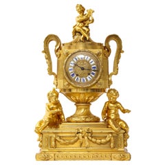Antique A Rare 18th C. French Dore Bronze Clock w/ Putti & Musician, Att. Robert Osmond