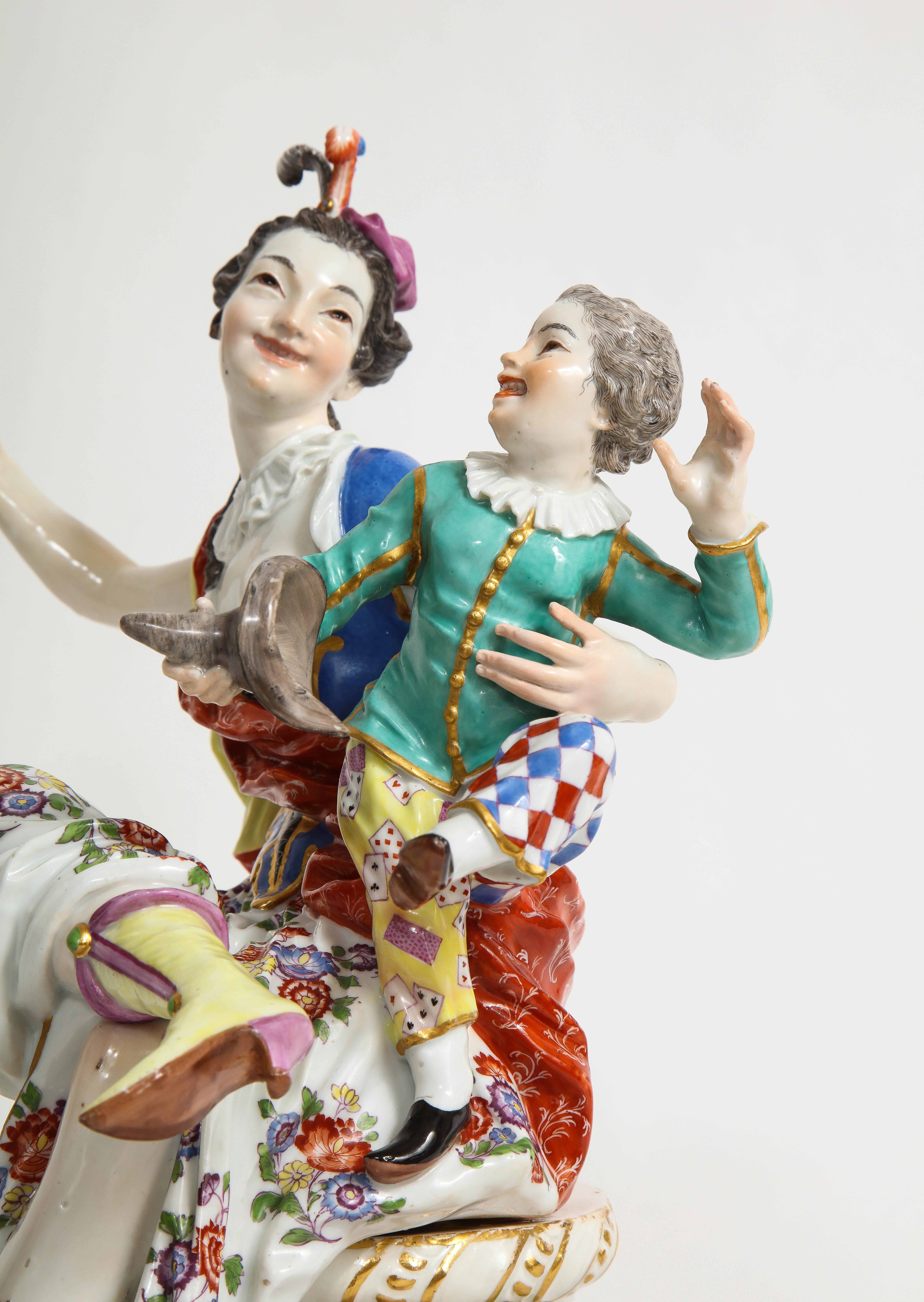 Rare 18th Century Meissen Porcelain Group of a Thalia with a Harlequin Child For Sale 1