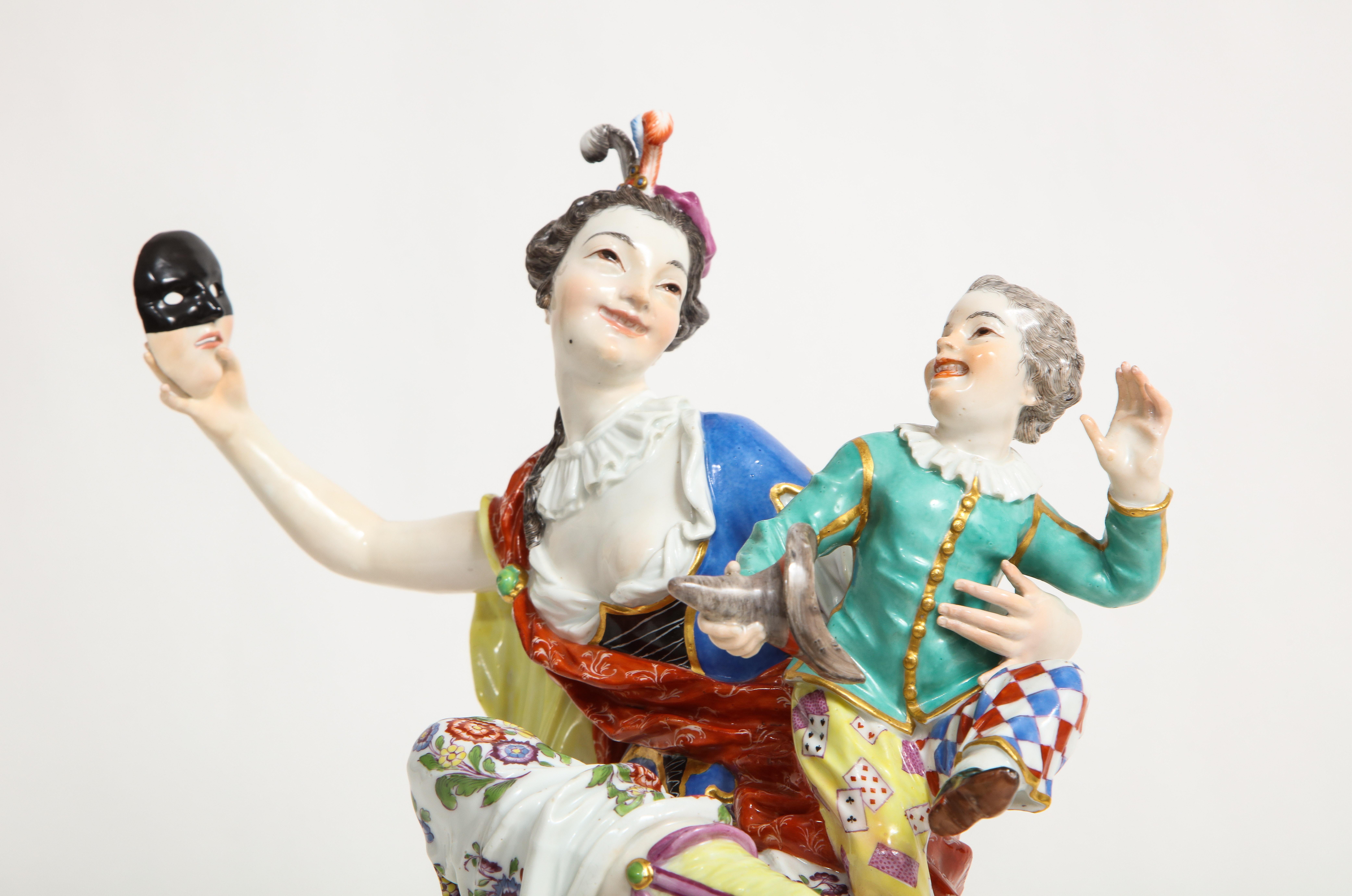 Rare 18th Century Meissen Porcelain Group of a Thalia with a Harlequin Child For Sale 2
