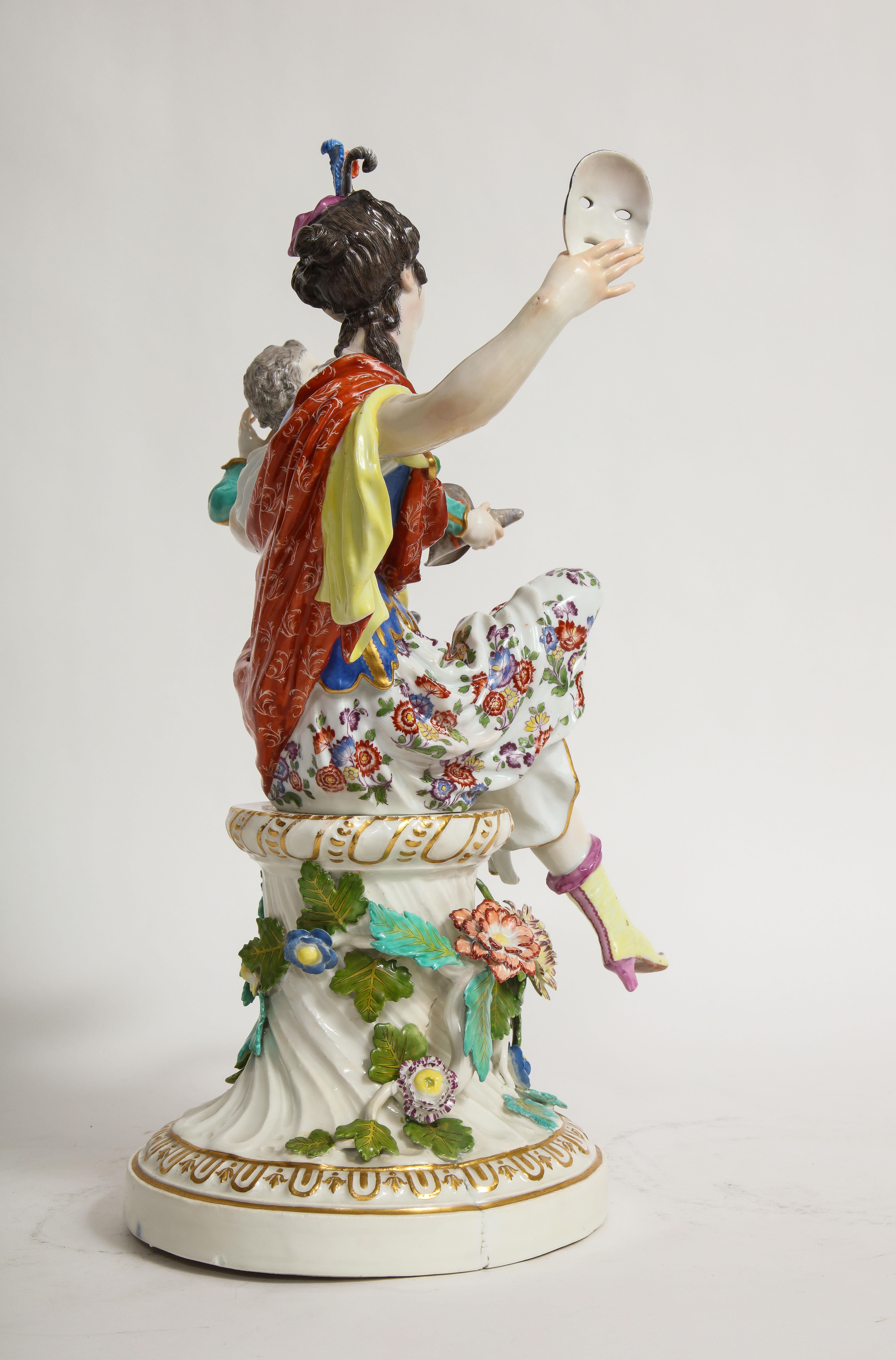 German Rare 18th Century Meissen Porcelain Group of a Thalia with a Harlequin Child For Sale