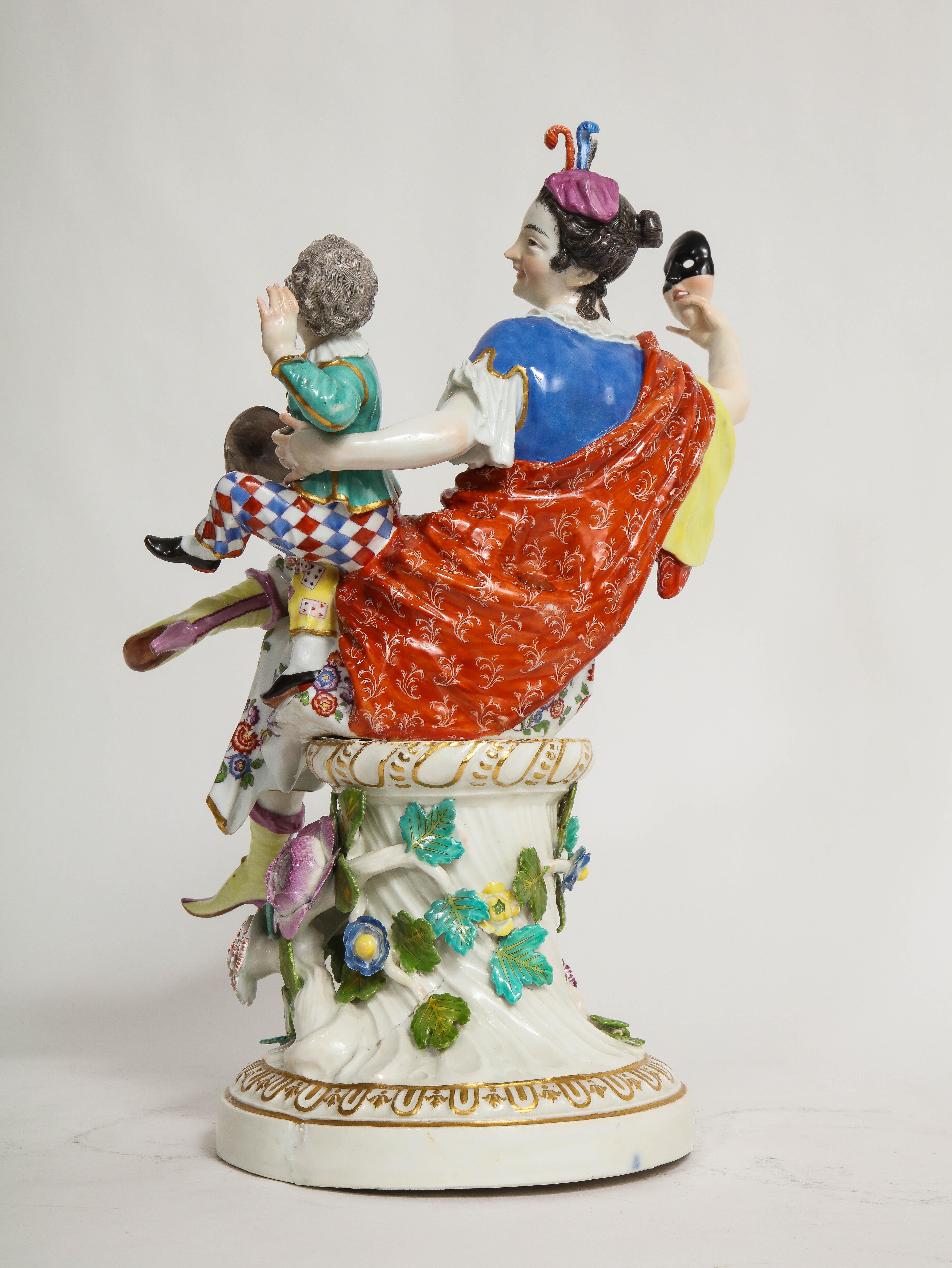 Gilt Rare 18th Century Meissen Porcelain Group of a Thalia with a Harlequin Child For Sale