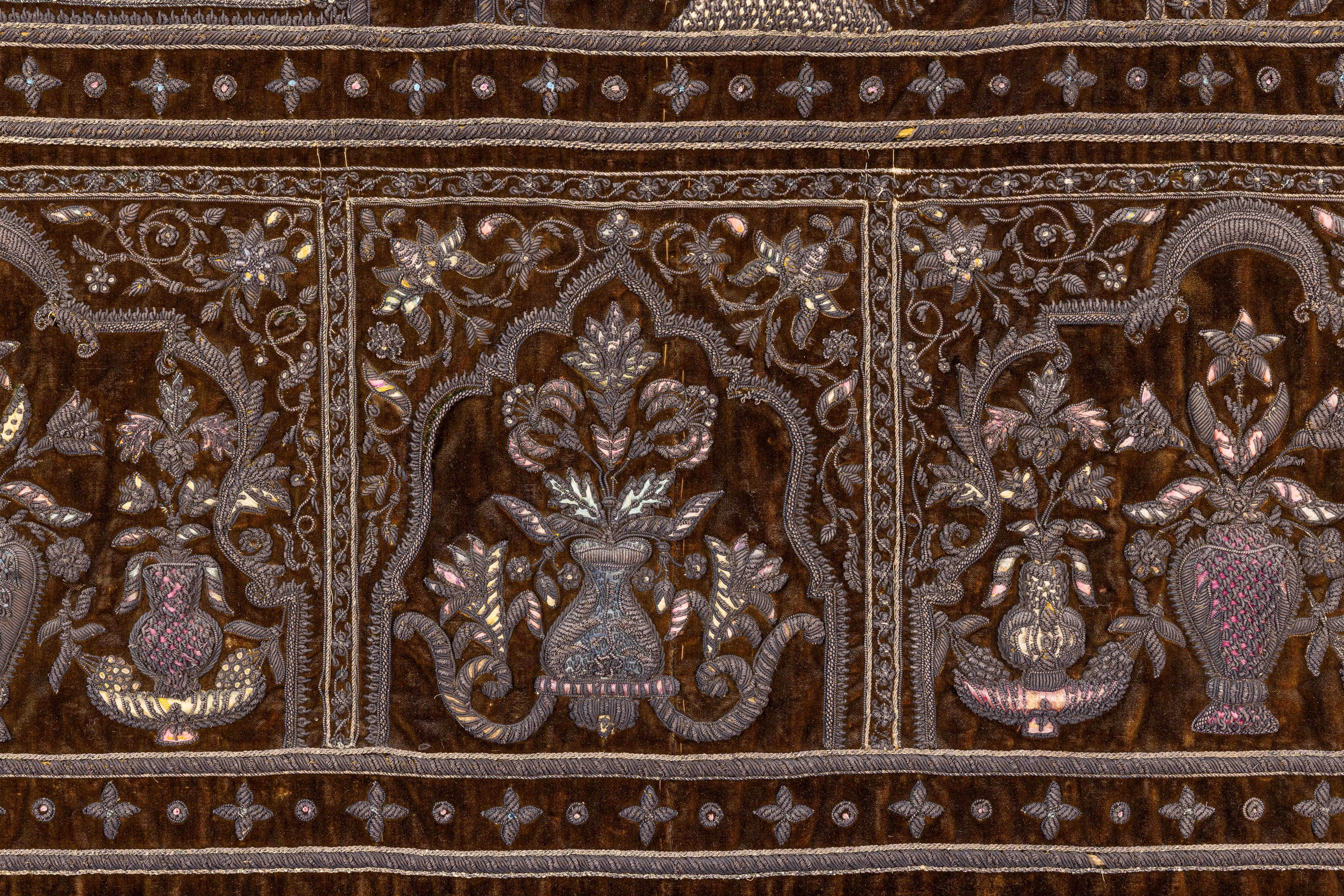 A Rare 18th Century Middle Eastern Silk and Silver Thread Green Velvet Tapestry For Sale 5