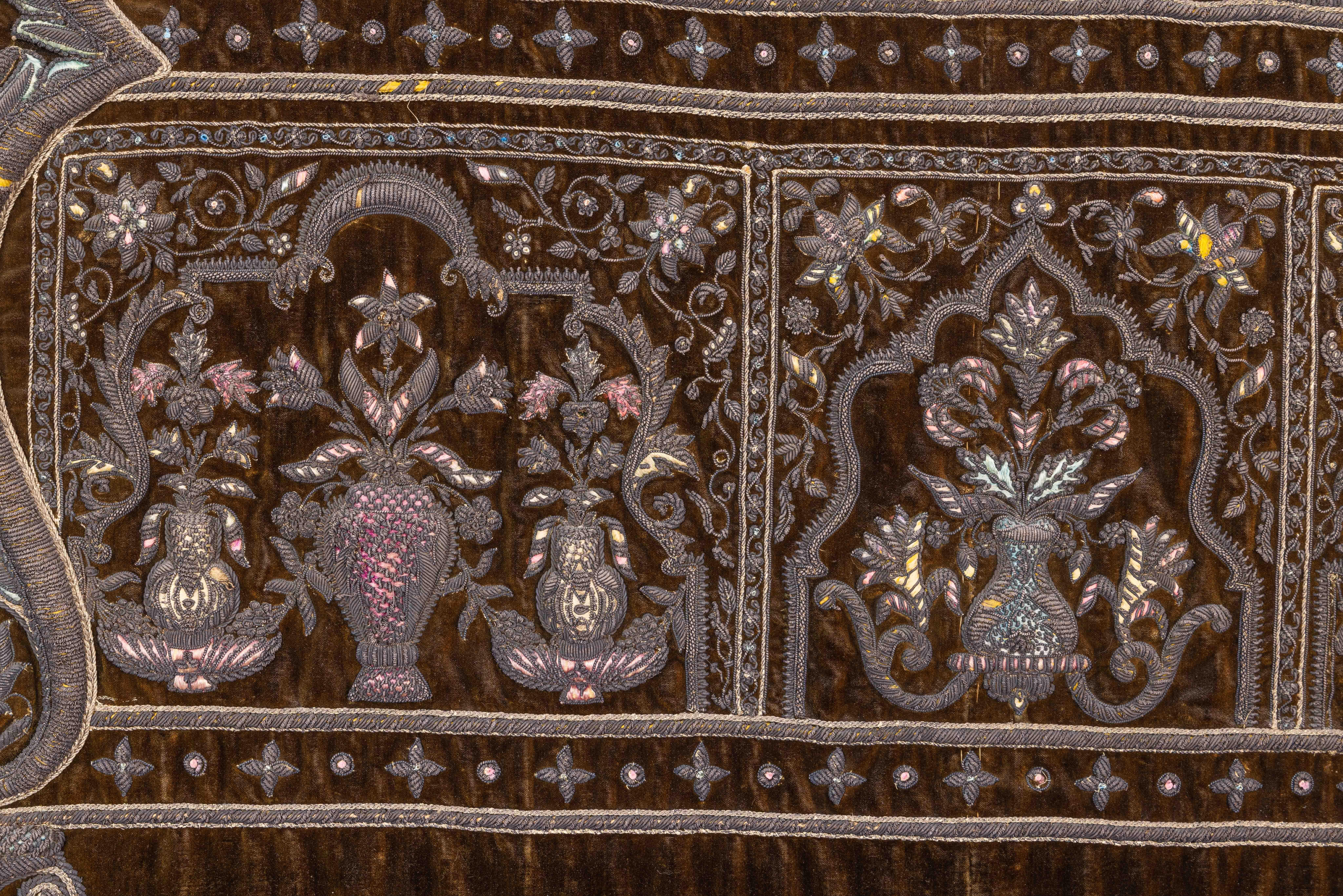 A Rare 18th Century Middle Eastern Silk and Silver Thread Green Velvet Tapestry For Sale 7
