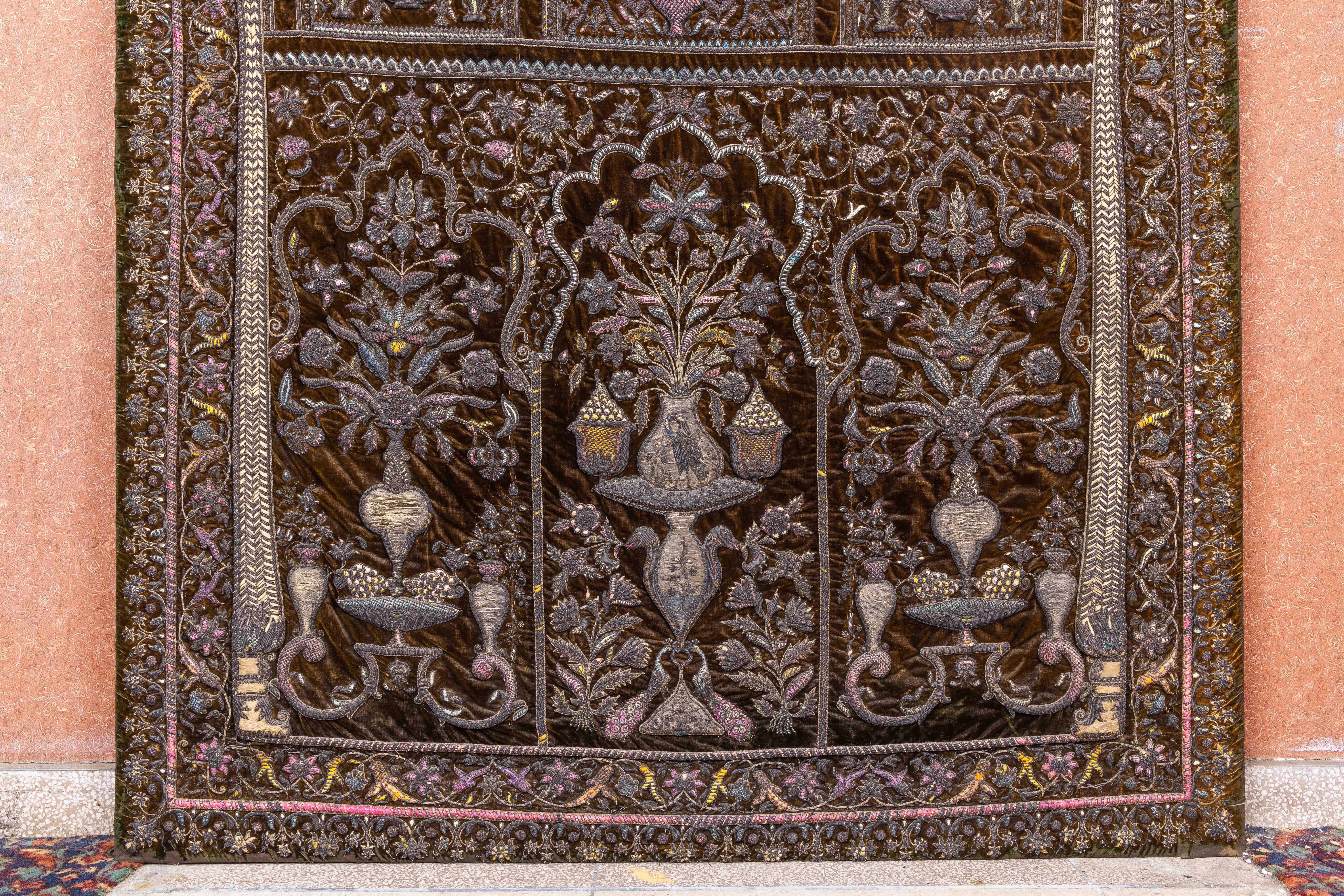 A Rare 18th Century Middle Eastern Silk and Silver Thread Green Velvet Tapestry For Sale 12