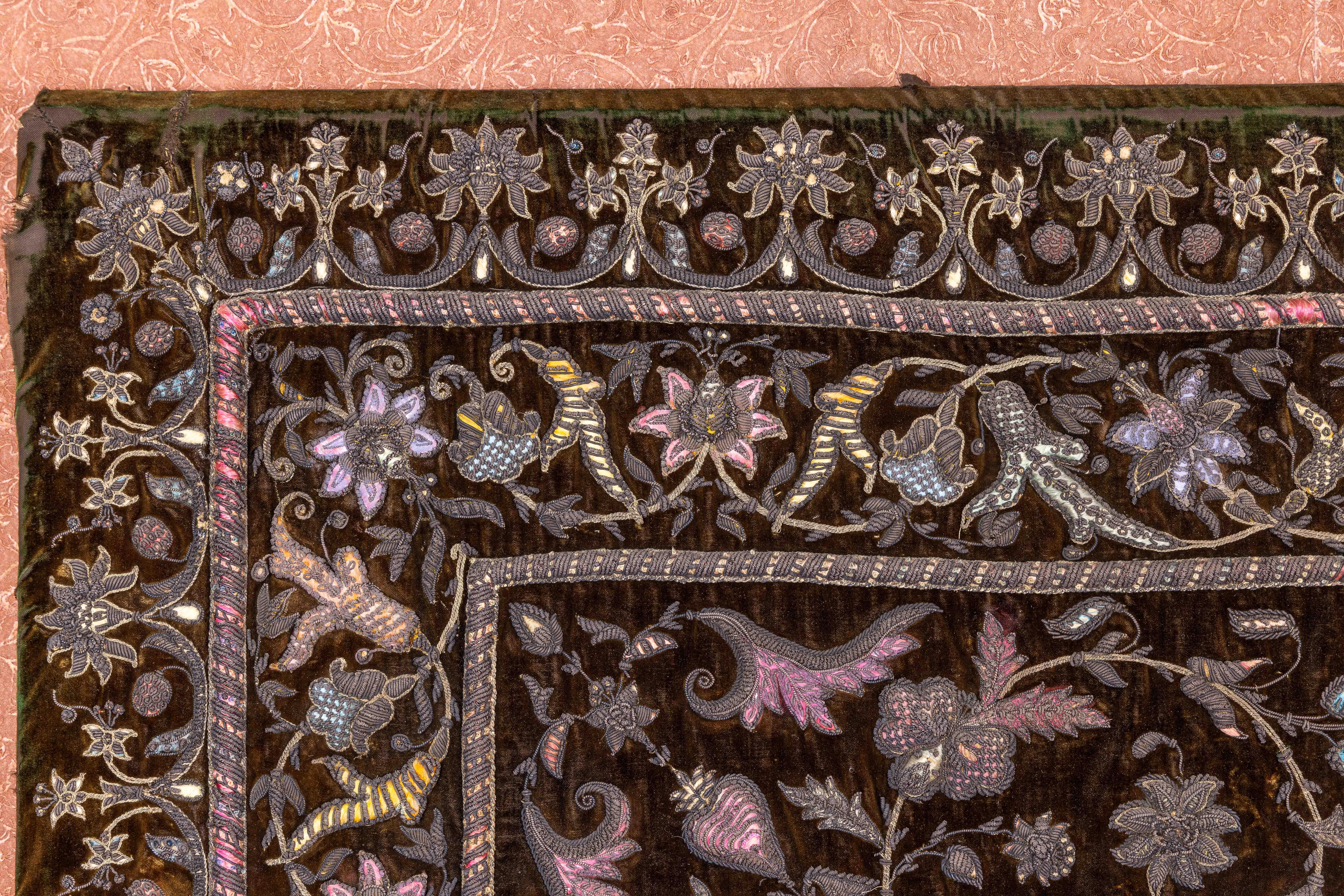 A Rare 18th Century Middle Eastern Silk and Silver Thread Green Velvet Tapestry For Sale 1