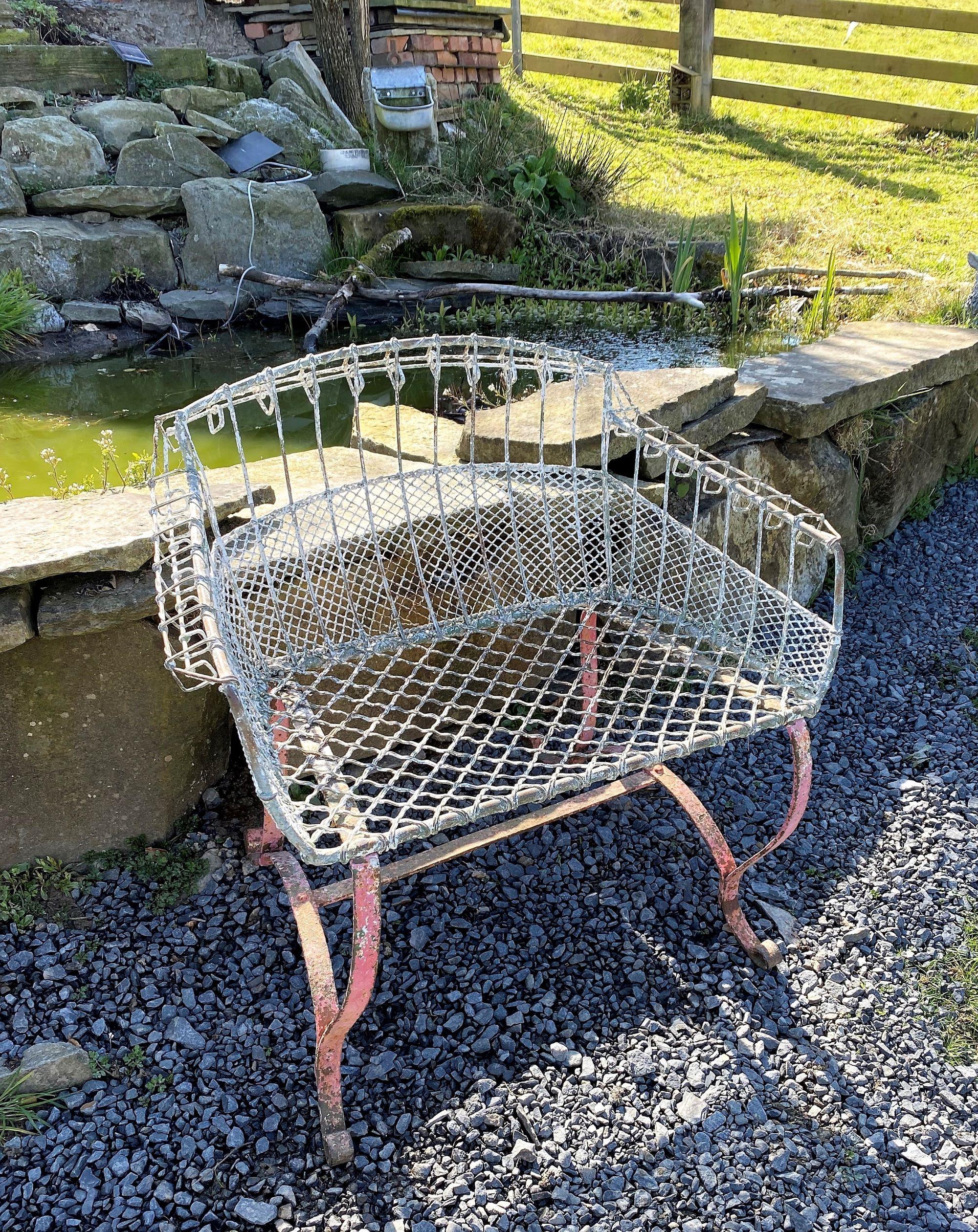 Rare 1920s Wirework Garden Seat with Scroll Wrought Iron Feet Aged Patina For Sale 2