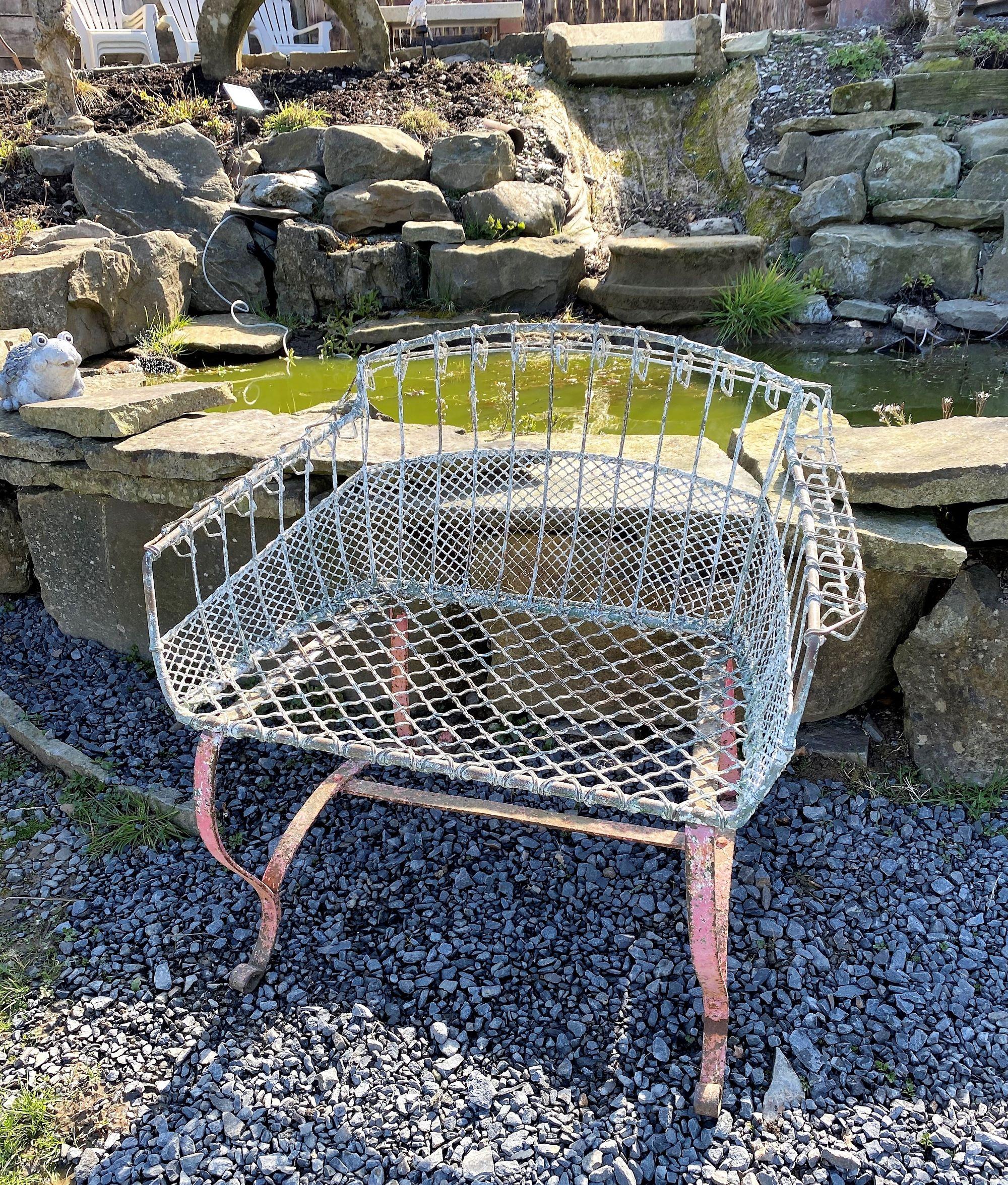 Rare 1920s Wirework Garden Seat with Scroll Wrought Iron Feet Aged Patina For Sale 3