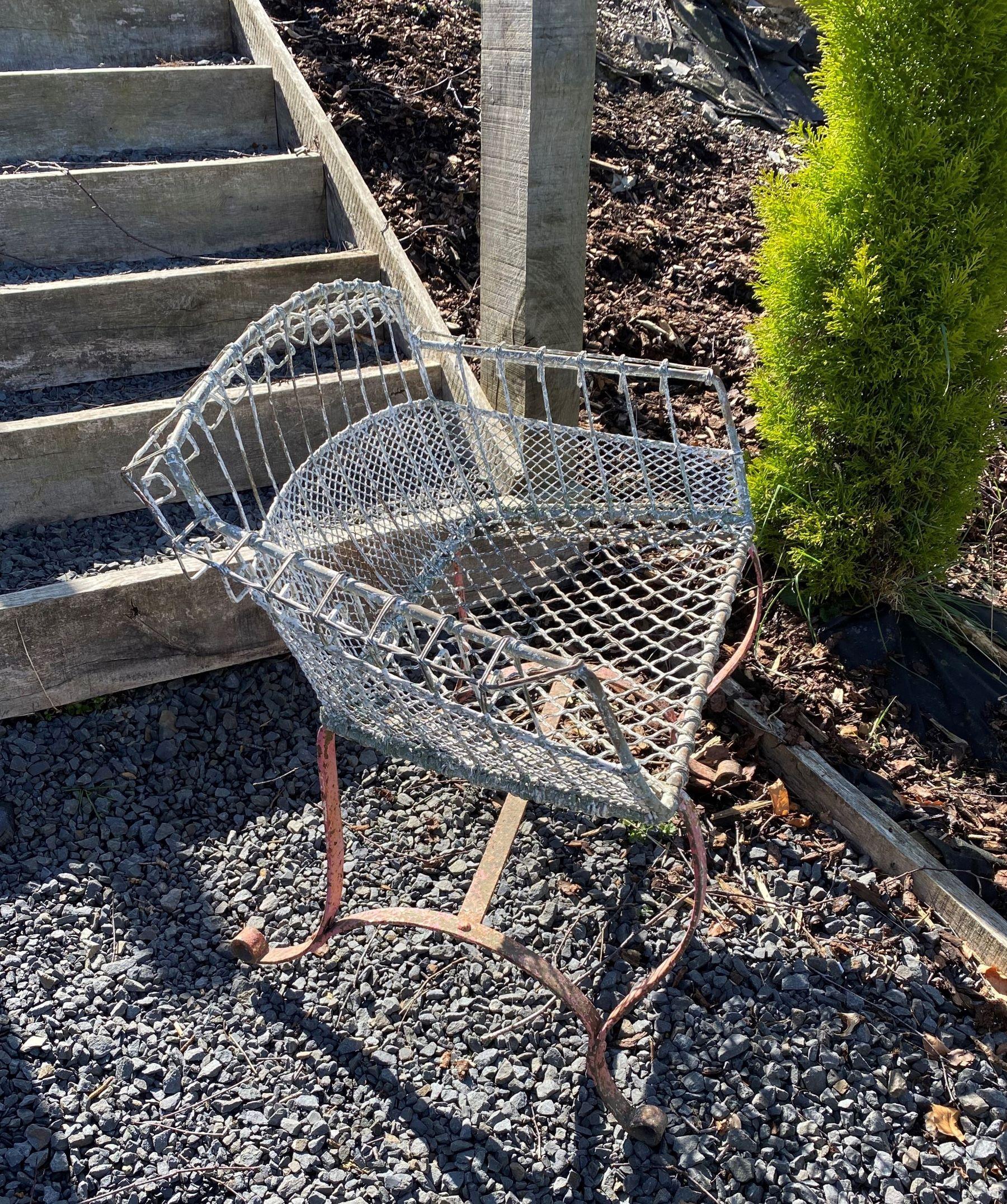 French Provincial Rare 1920s Wirework Garden Seat with Scroll Wrought Iron Feet Aged Patina For Sale