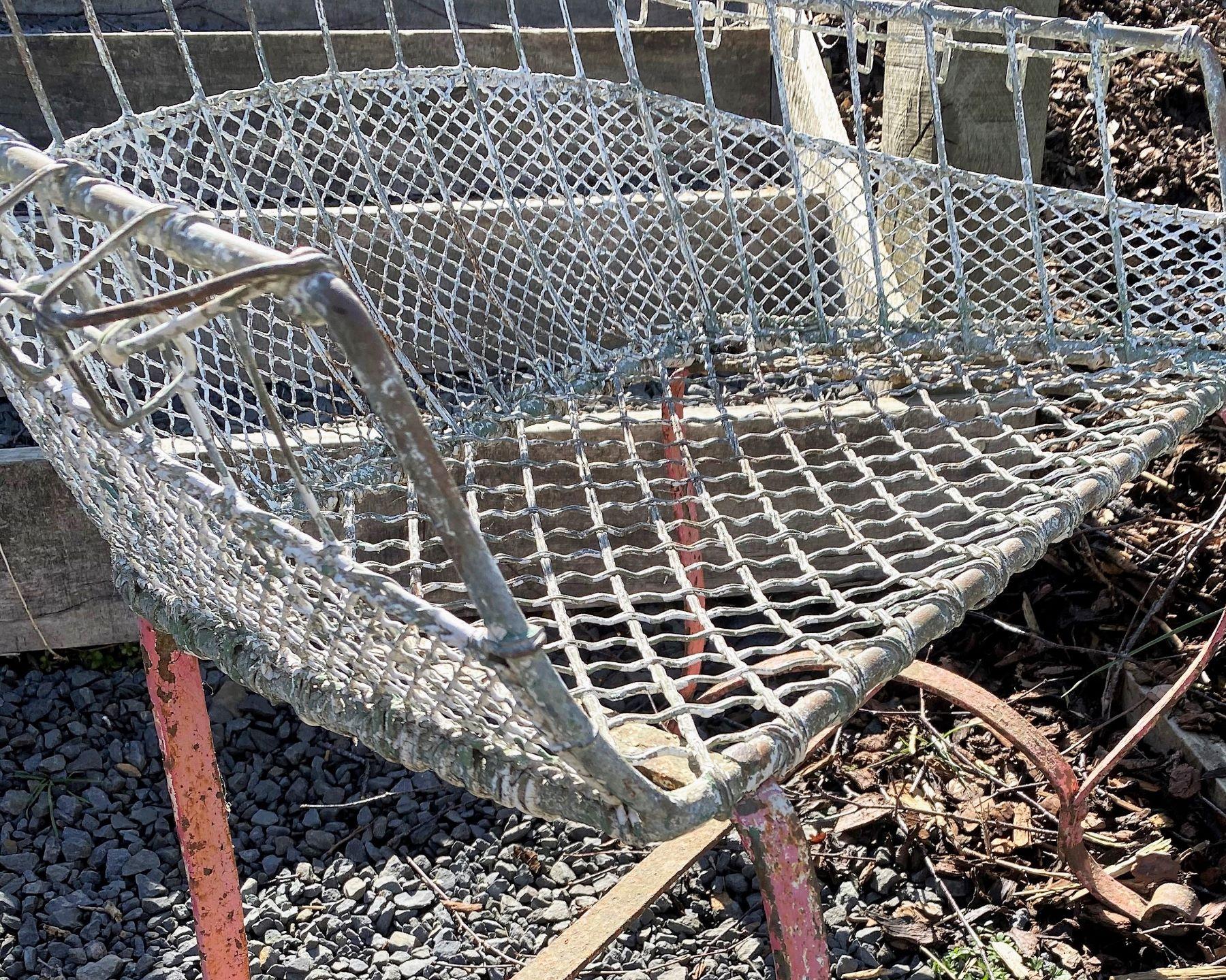 20th Century Rare 1920s Wirework Garden Seat with Scroll Wrought Iron Feet Aged Patina For Sale
