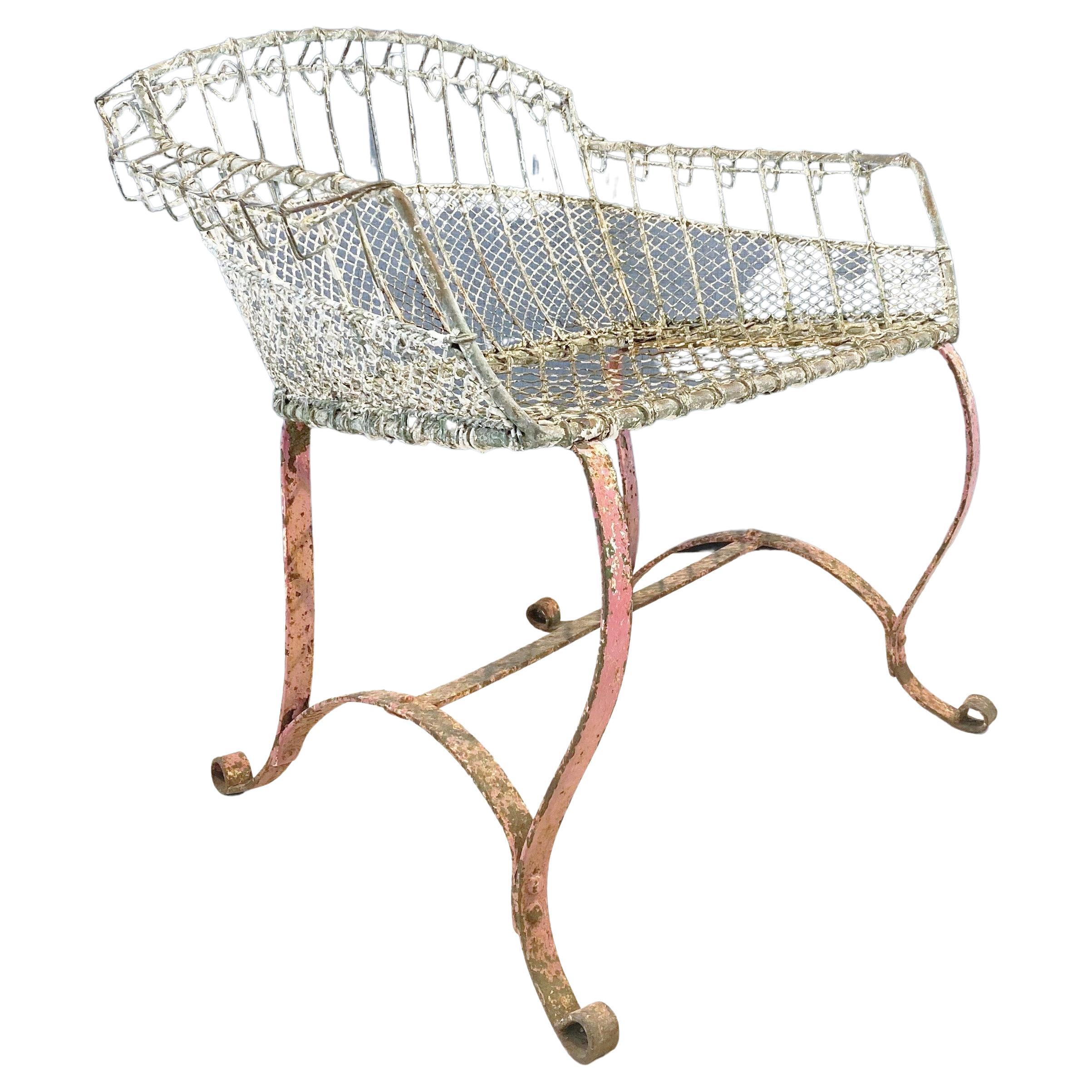Rare 1920s Wirework Garden Seat with Scroll Wrought Iron Feet Aged Patina For Sale