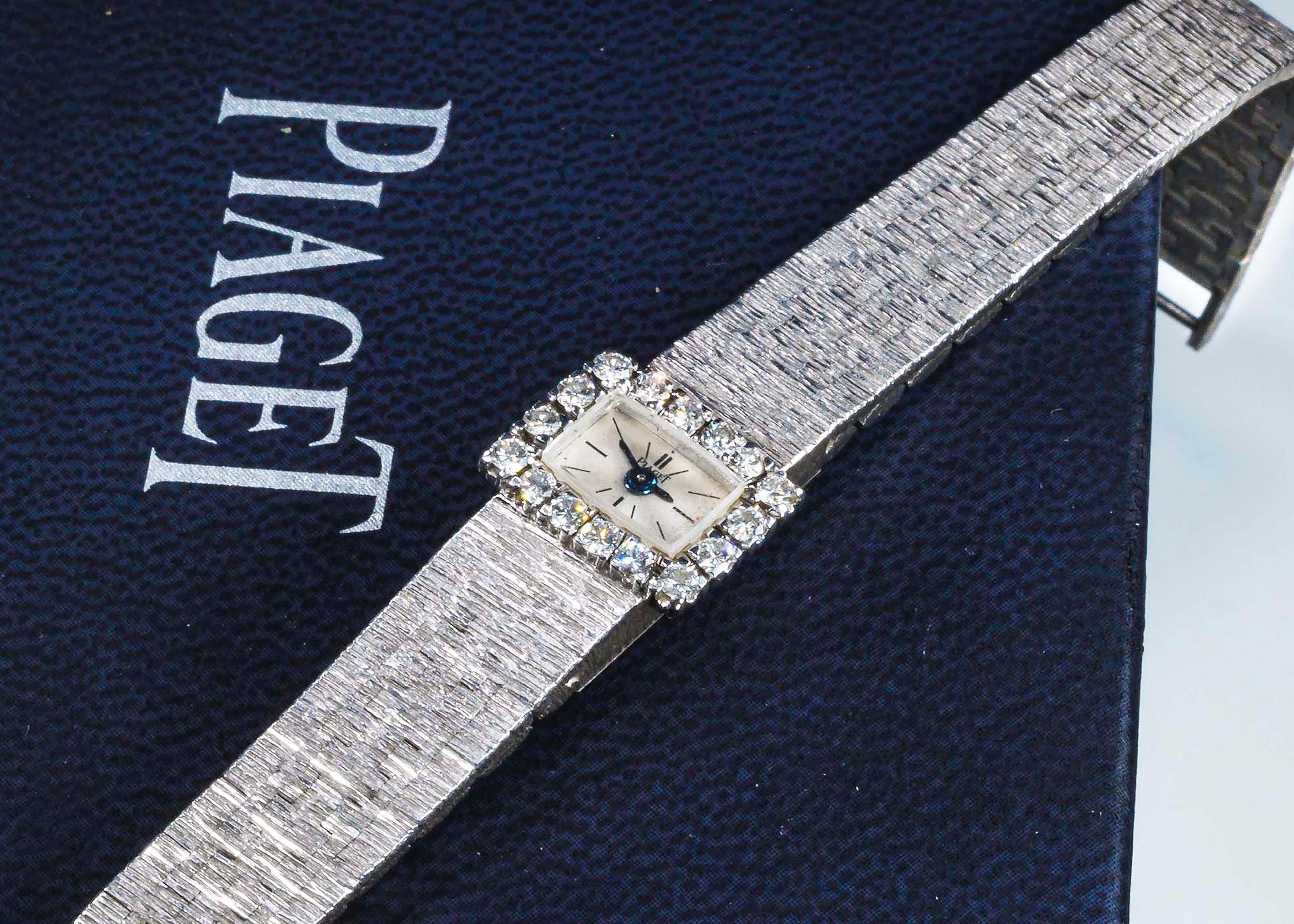 1970s Piaget 18 Karat White Gold Diamond Set Square Bracelet Wristwatch 4