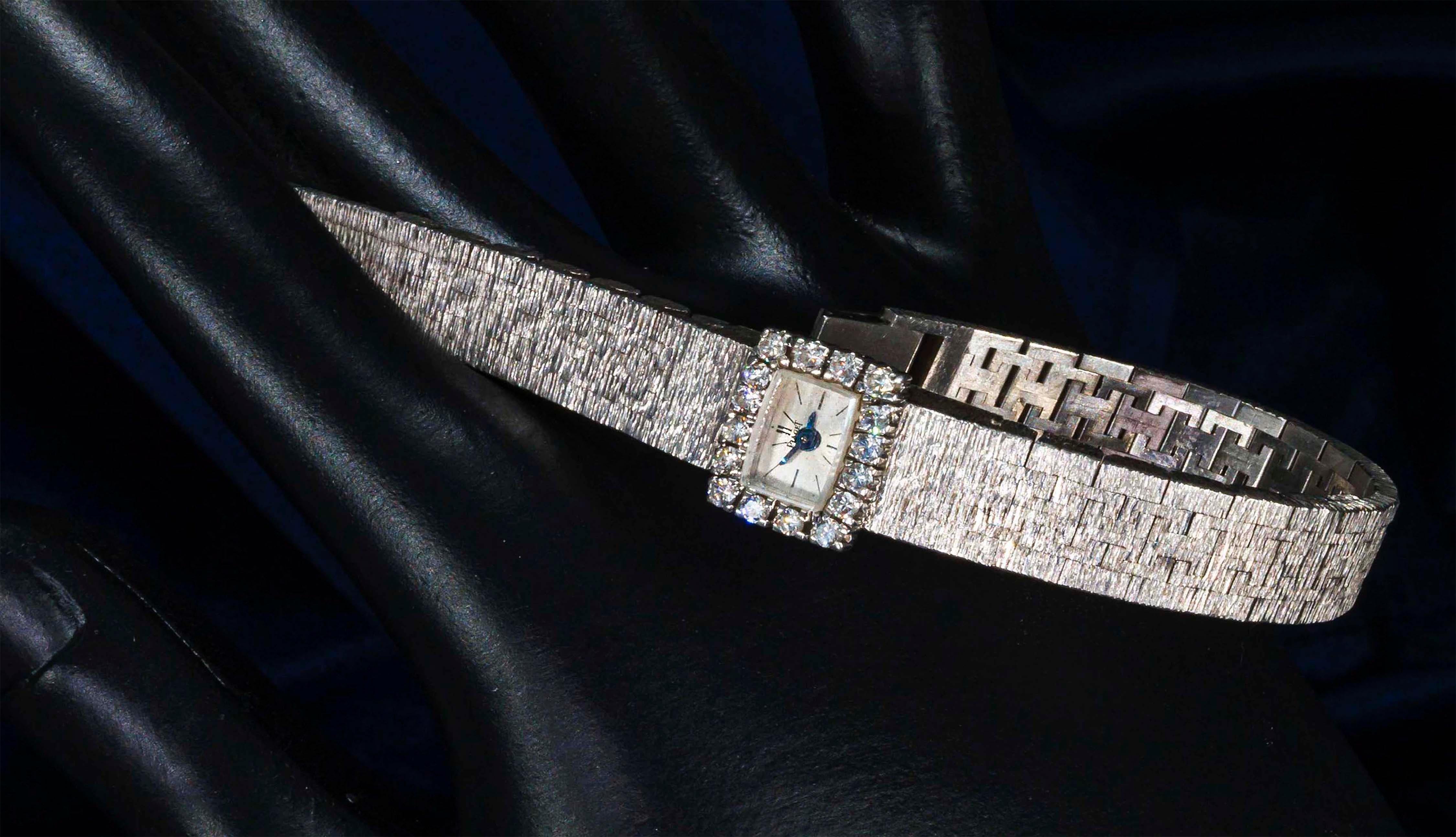 Round Cut 1970s Piaget 18 Karat White Gold Diamond Set Square Bracelet Wristwatch