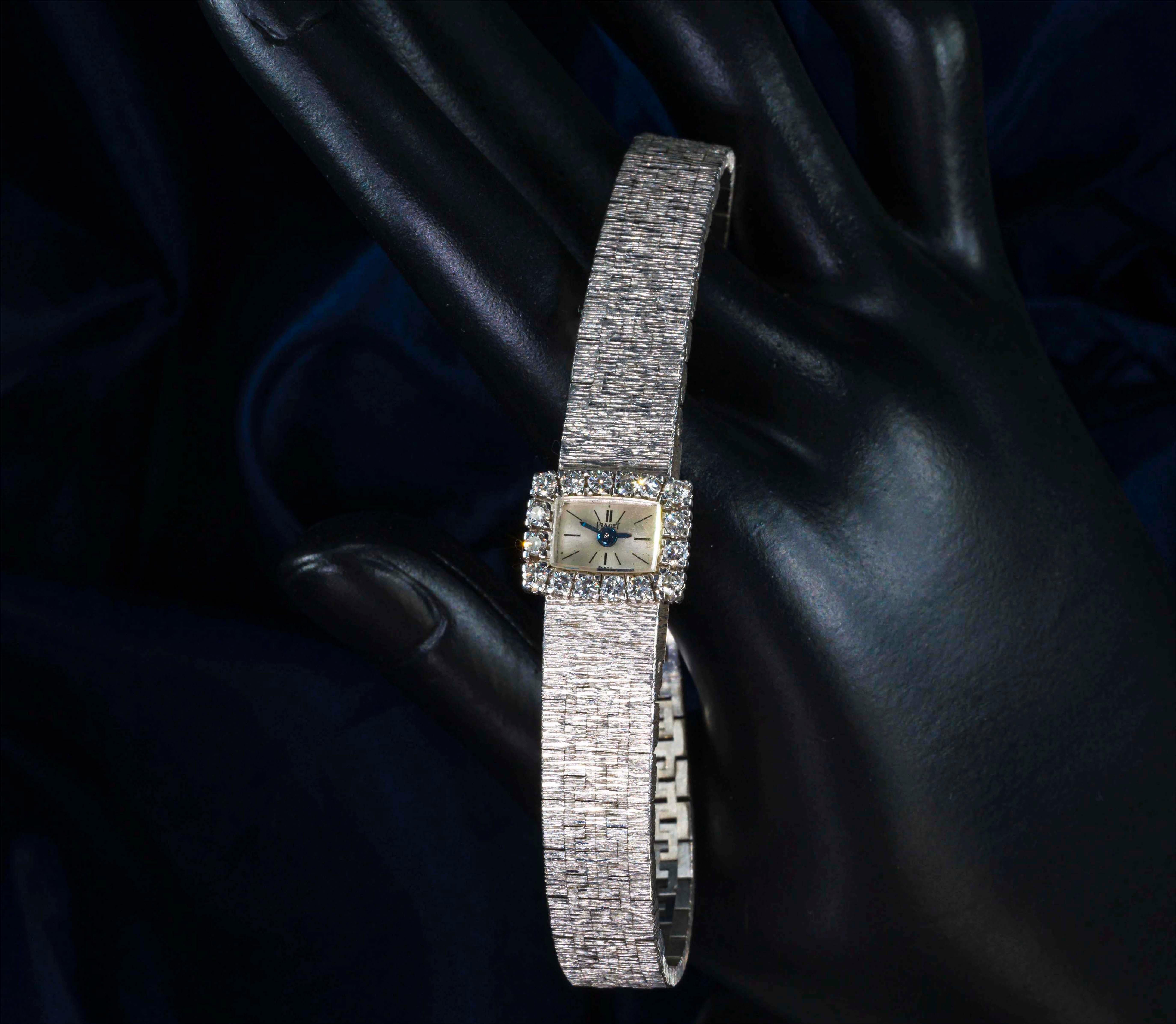 Women's or Men's 1970s Piaget 18 Karat White Gold Diamond Set Square Bracelet Wristwatch