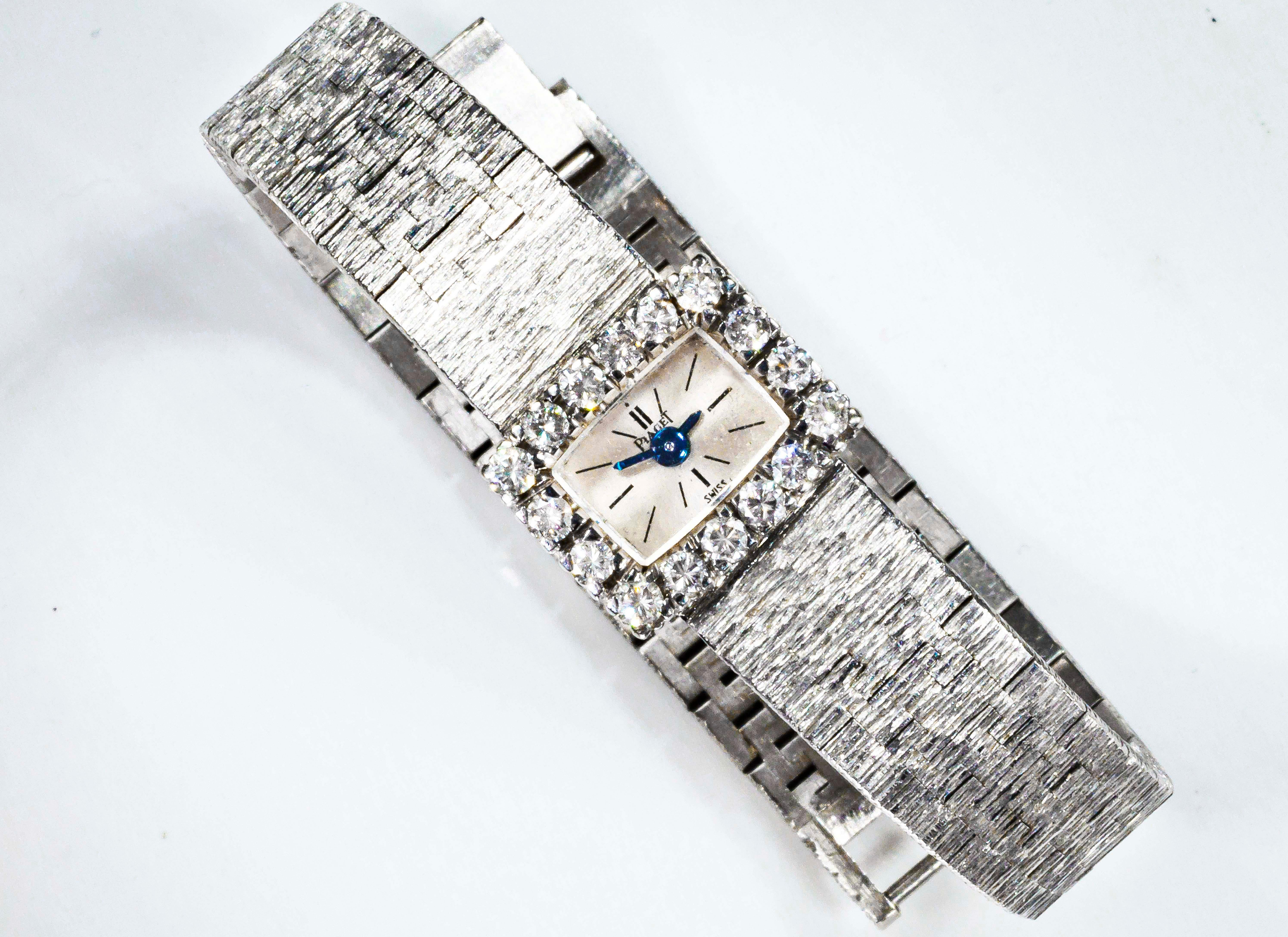 1970s Piaget 18 Karat White Gold Diamond Set Square Bracelet Wristwatch 1