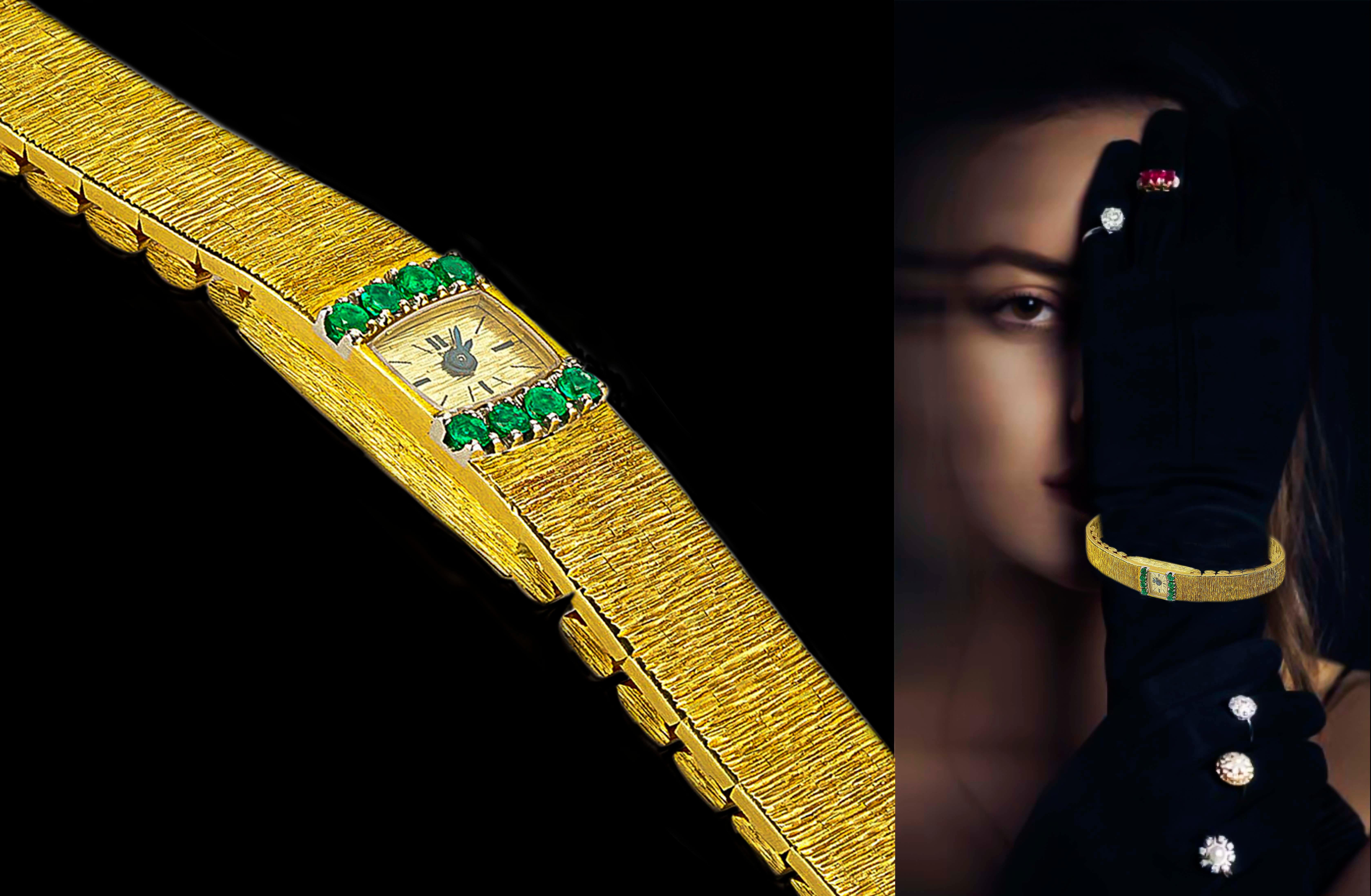 1970s Piaget Emerald 18 Karat Yellow Gold Line Bracelet Watch For Sale 5