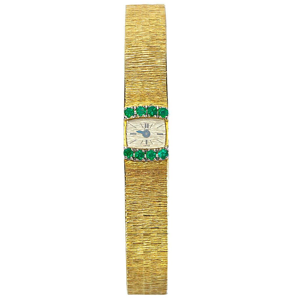 Women's or Men's 1970s Piaget Emerald 18 Karat Yellow Gold Line Bracelet Watch For Sale