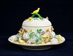 Rare 19th C. Meissen ‘Schneeballen’ 'Snowball' Covered Bowl & Plate W/ Birds