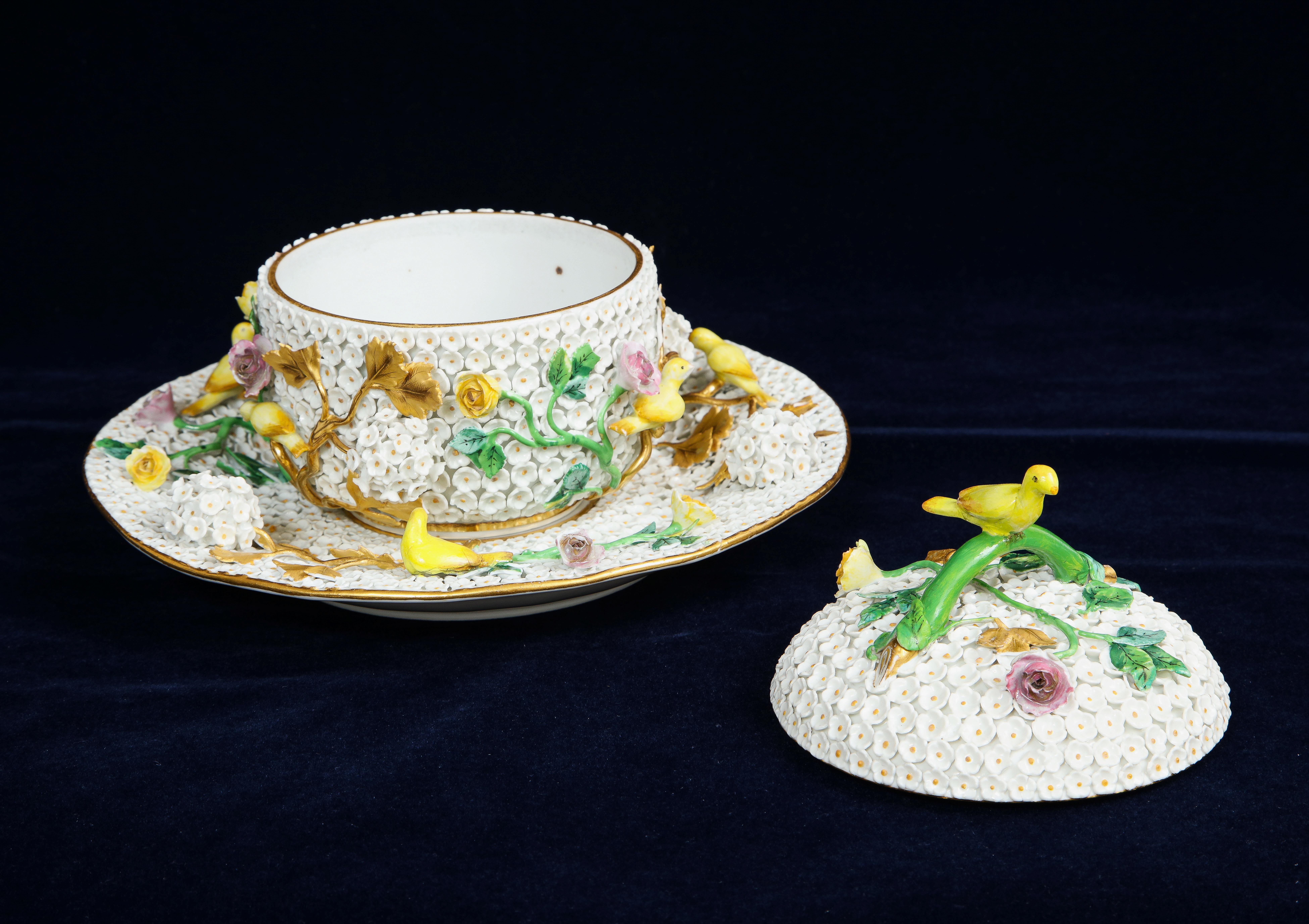 Porcelain Rare 19th C. Meissen ‘Schneeballen’ 'Snowball' Covered Bowl & Plate W/ Birds For Sale
