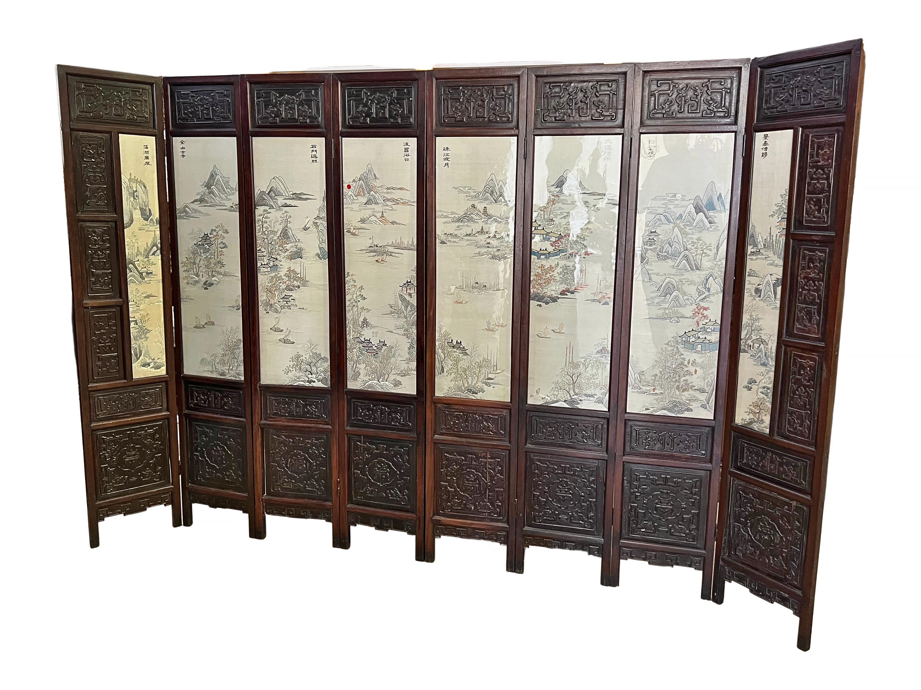 A RARE AND LARGE CHINESE SILK EMBROIDERY AND HARDWOOD FLOOR SCREEN,
EARLY 19TH CENTURY,

each panel delicately decorated using silk thread having landscape scenes. Each panel titled with the description of the scene 

Dimensions Height: 70
