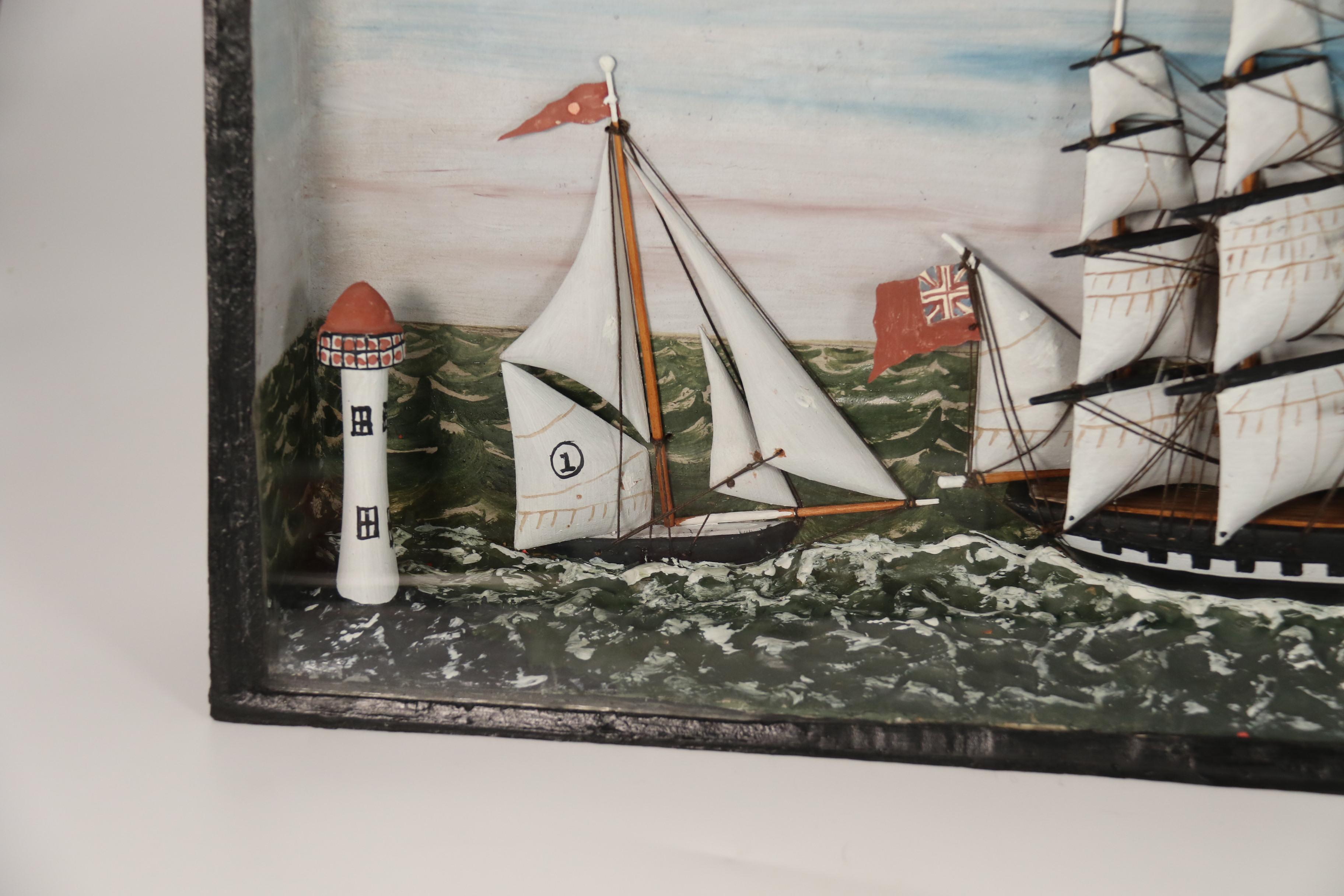 A rare 19th century folk art diorama of two sailing vessels racing at sea. For Sale 3