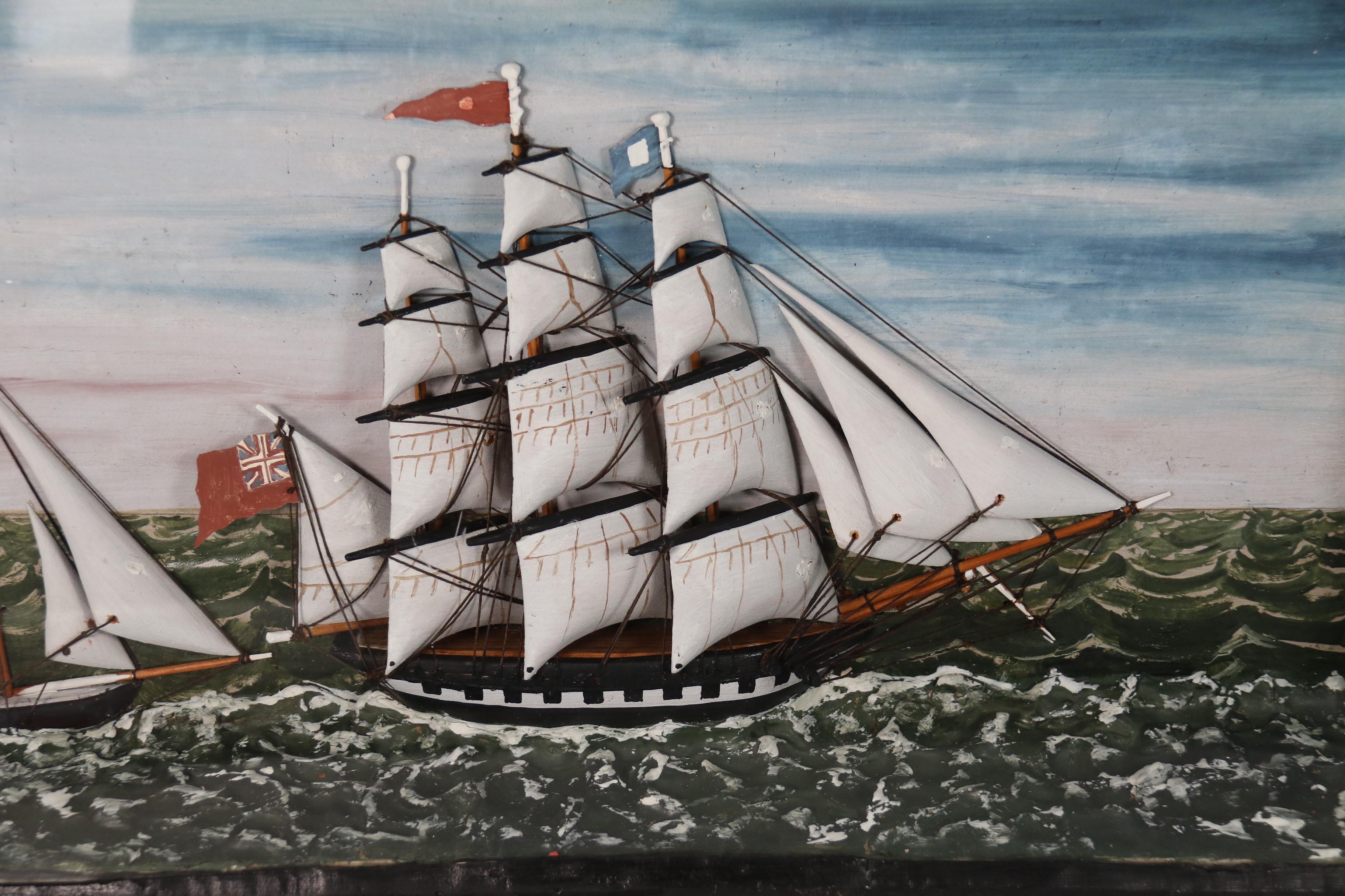 A rare 19th century folk art diorama of two sailing vessels racing at sea. For Sale 1