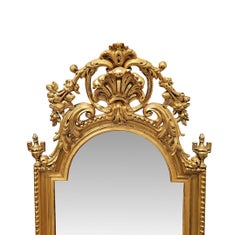 Seltener Pfeiler- oder Flurspiegel aus vergoldetem Holz des 19. Jahrhunderts mit großer Muschelkartusche