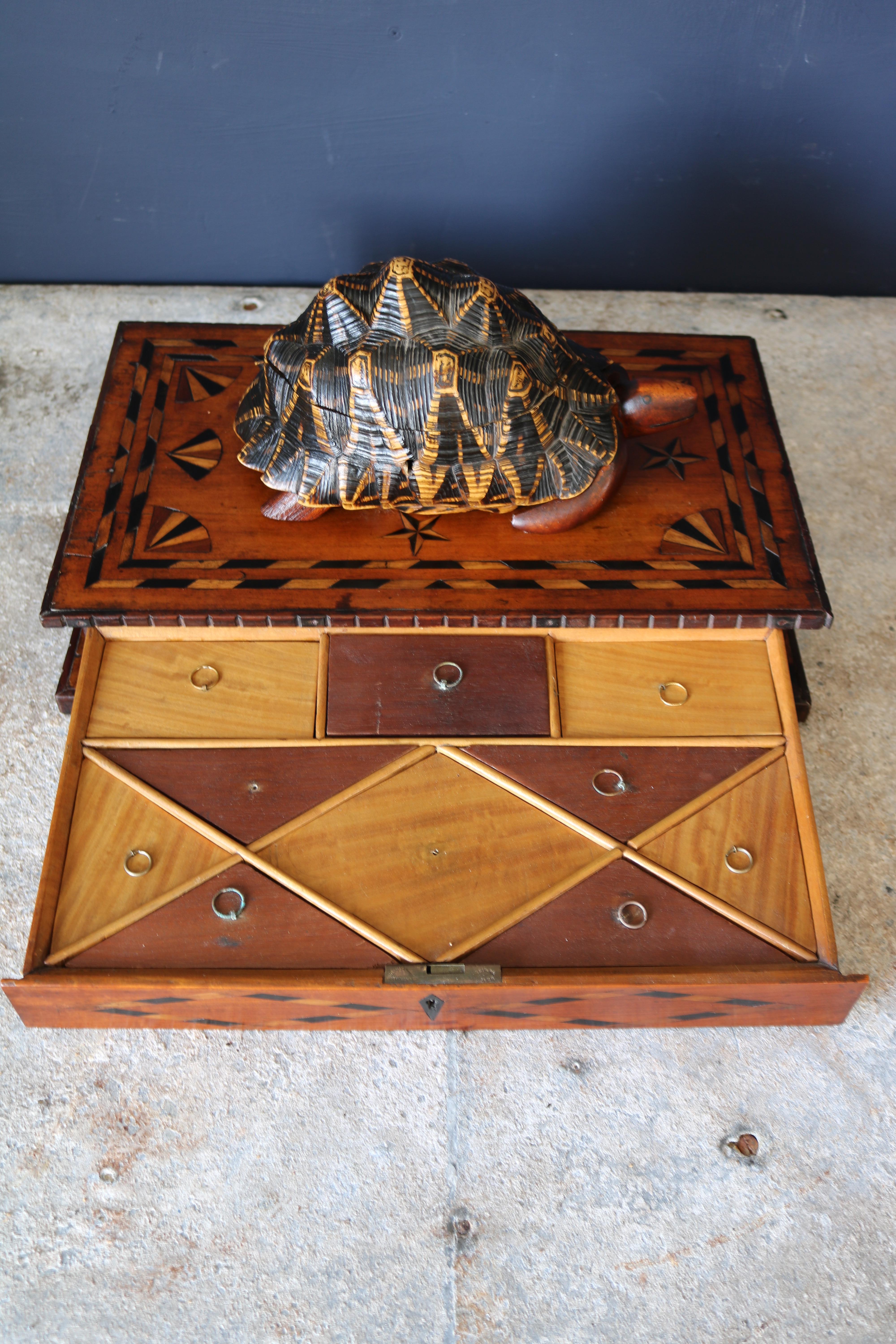 A rare mid-19th century (circa 1840) Ceylonese inlaid box with hinged tortoise lid and marquetry worked box with draw.