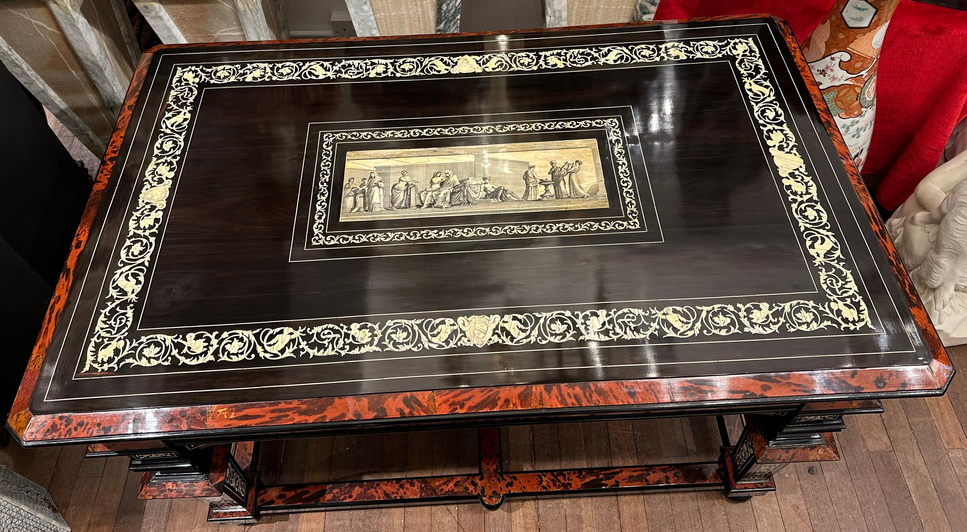 A truly stunning Italian inlaid table with intricately drawn pen work to the sides and top by renown Cabinetmaker Ferdinando Pogliani. It has a stretcher base with small bun feet and one drawer.  Ferdinando Pogliani was an important cabinetmaker